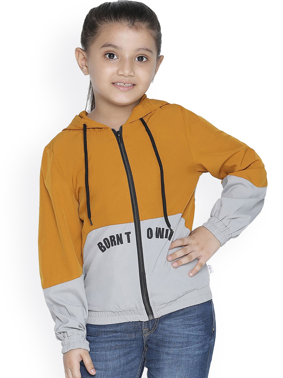 

SPYBY Girls Typography Printed Hooded Cotton Denim Sporty Jacket, Brown