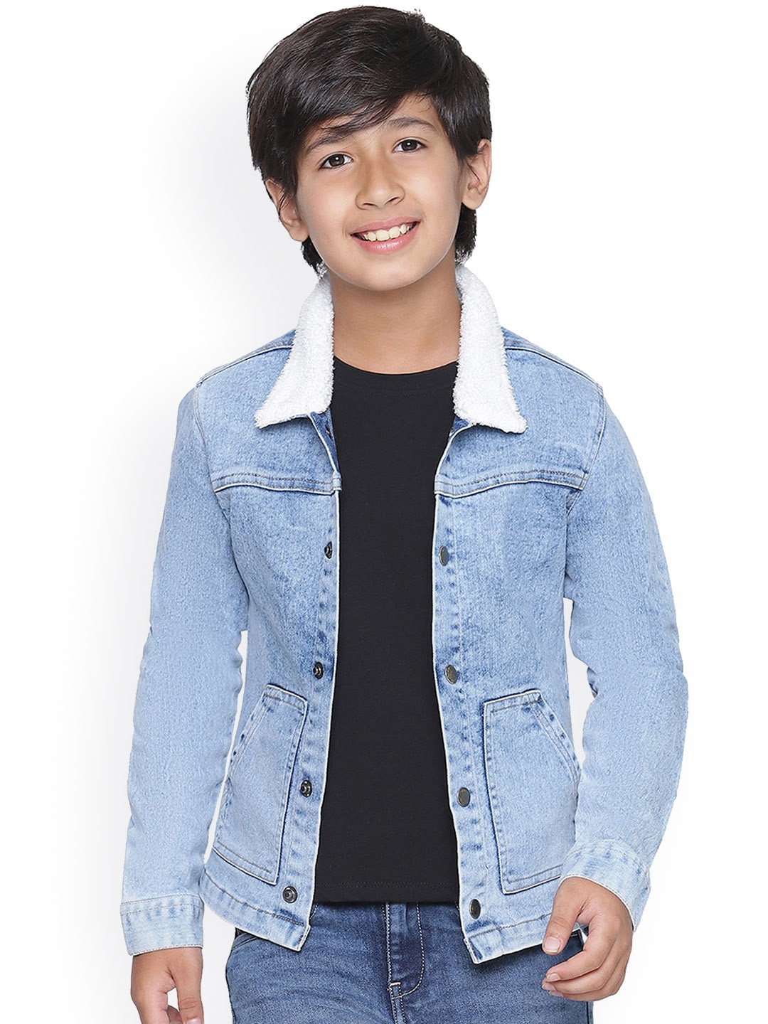 

SPYBY Boys Washed Faux Fur Trim Detail Crop Denim Jacket, Blue