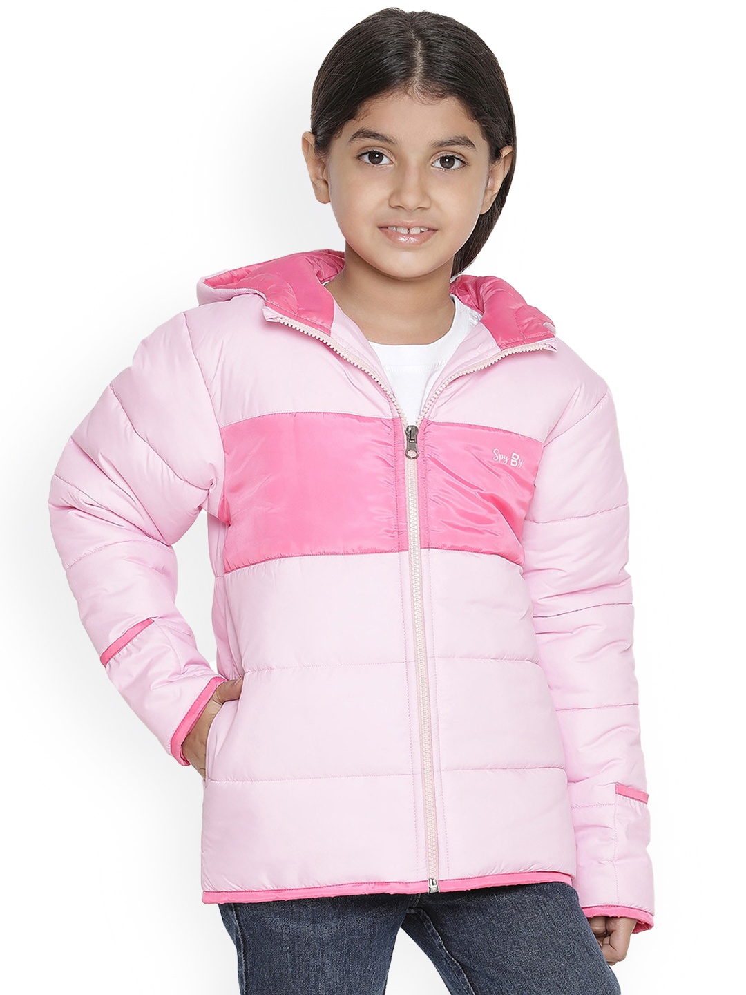 

SPYBY Girls Colourblocked Hooded Puffer Jacket, Pink