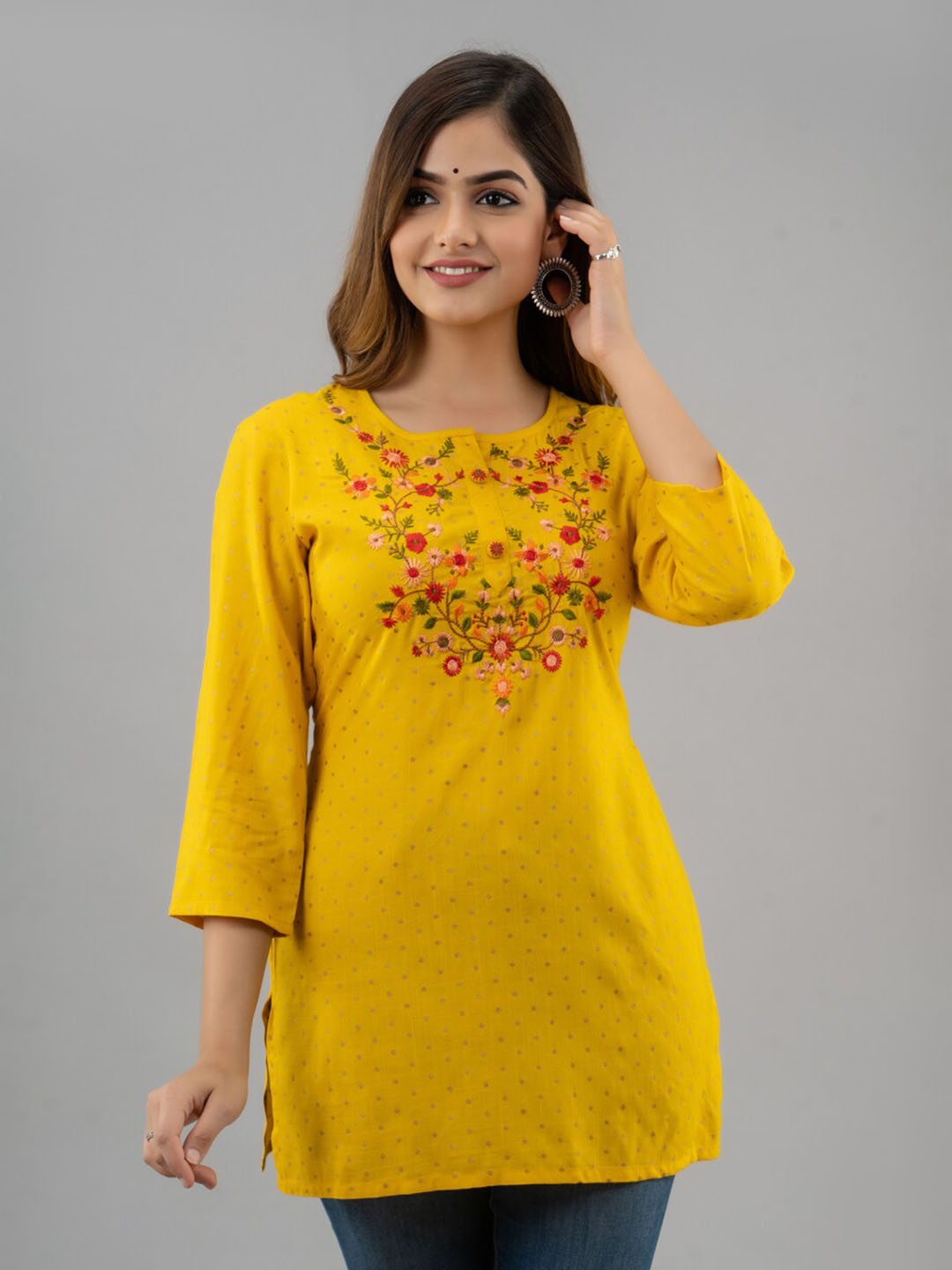 

NISHABD Floral Embroidered Tunic, Mustard