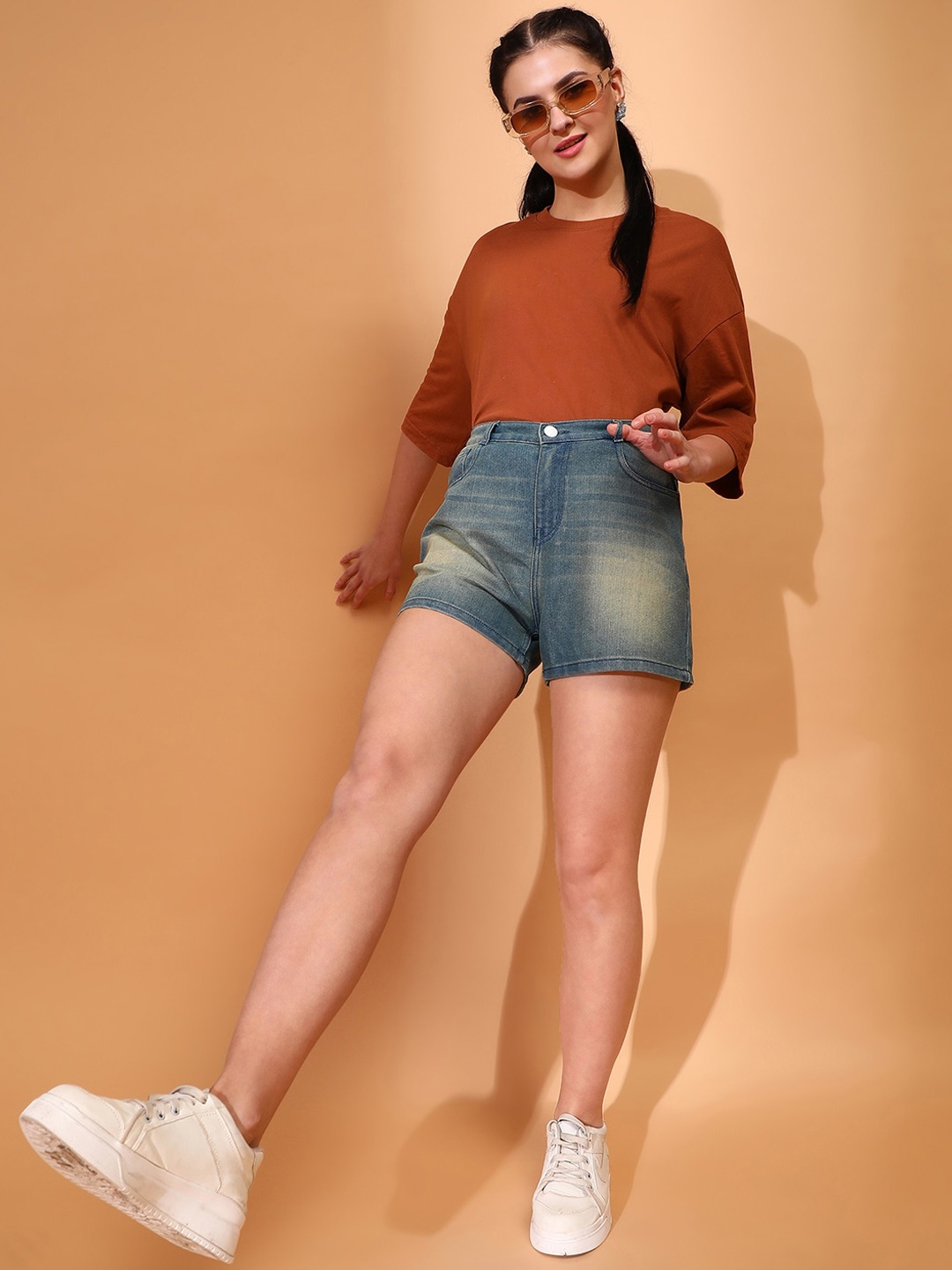 

TALES & STORIES Women Washed Denim Shorts, Blue