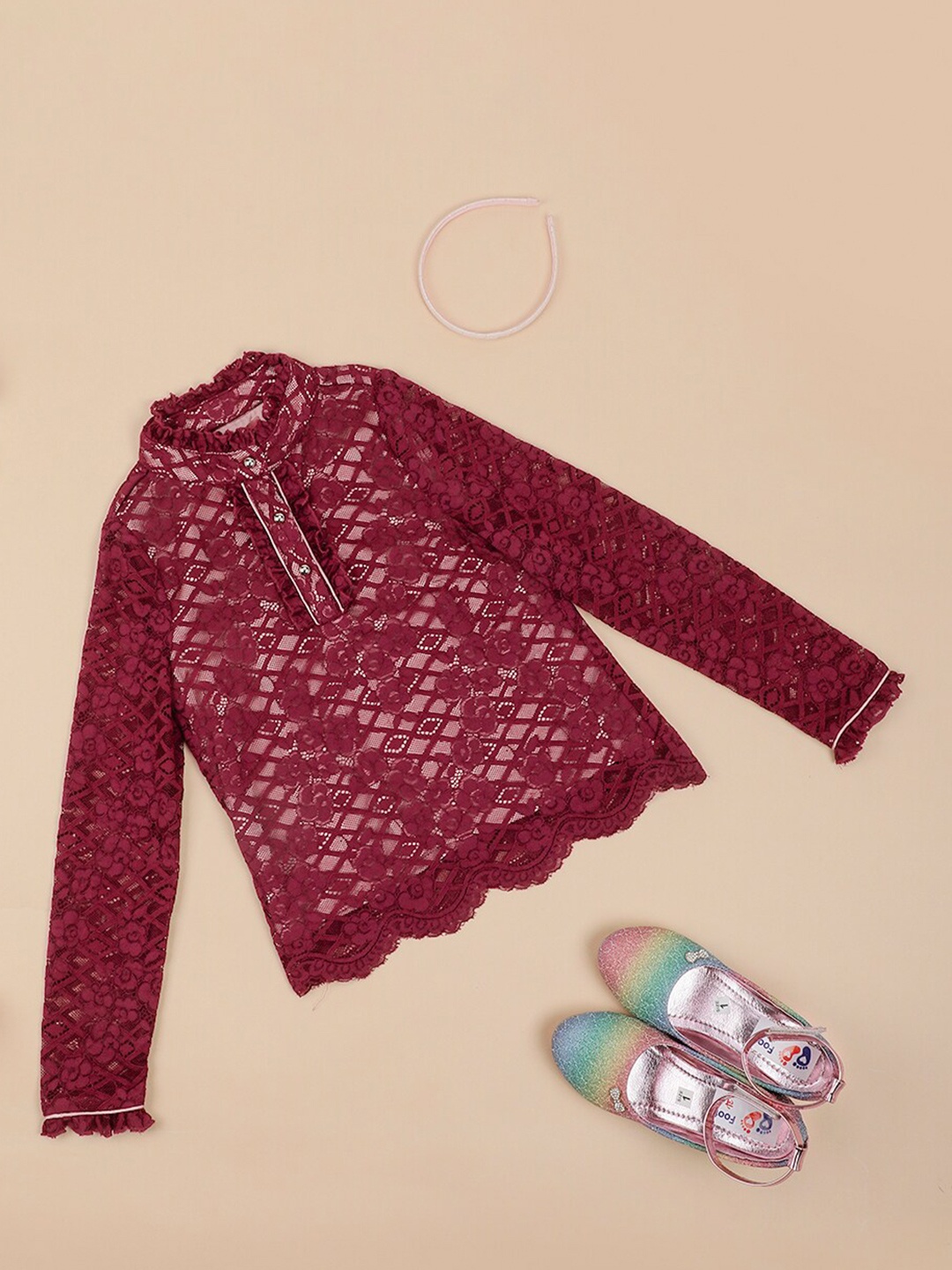 

One Friday Girls Self Design Mandarin Collar Long Sleeves Cotton Lace Top, Burgundy