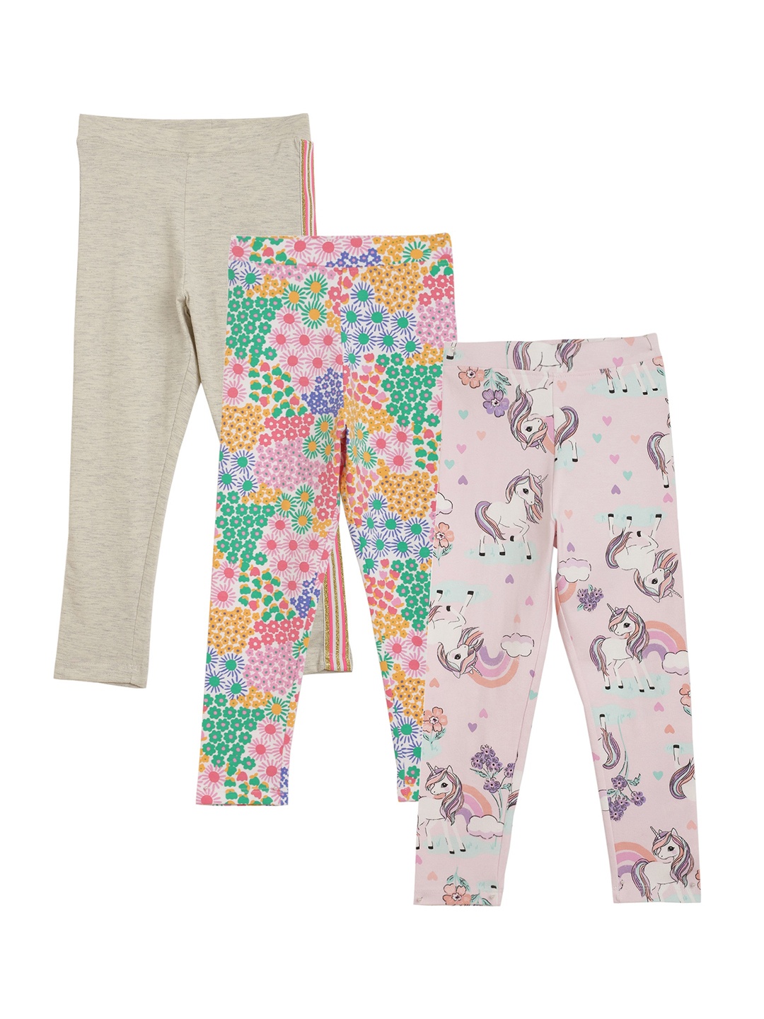 

Anthrilo Girls Pack Of 3 Printed Cotton Ankle-Length Leggings, Beige