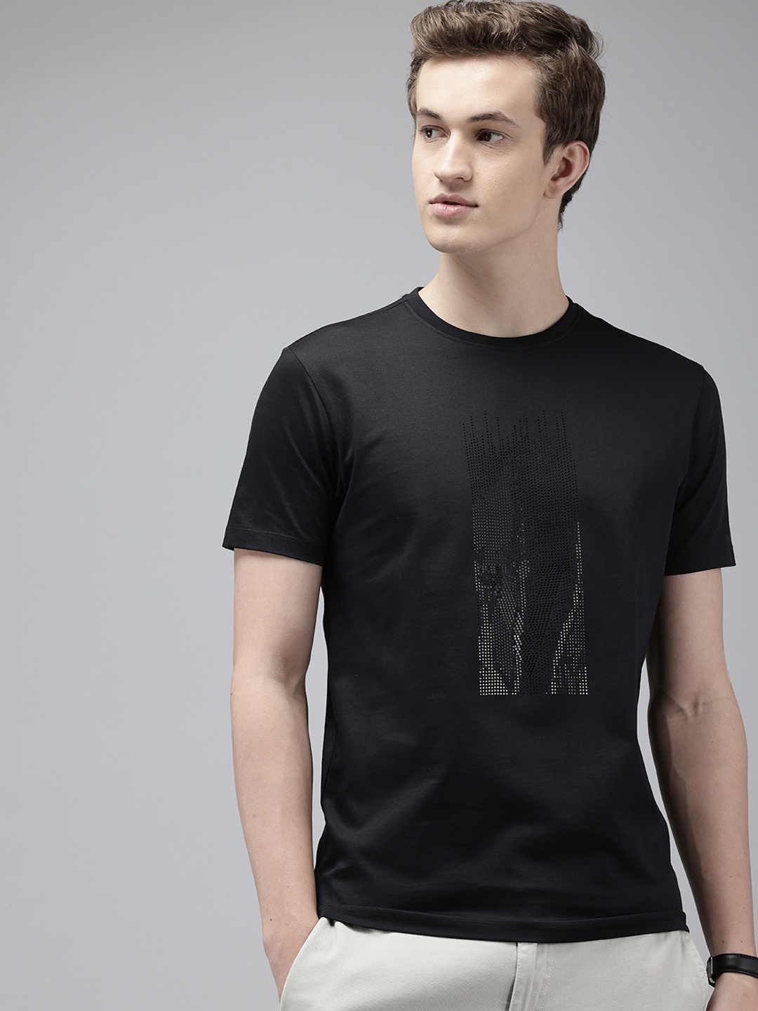 

V Dot Self Design Pure Cotton Slim Fit T-shirt, Black