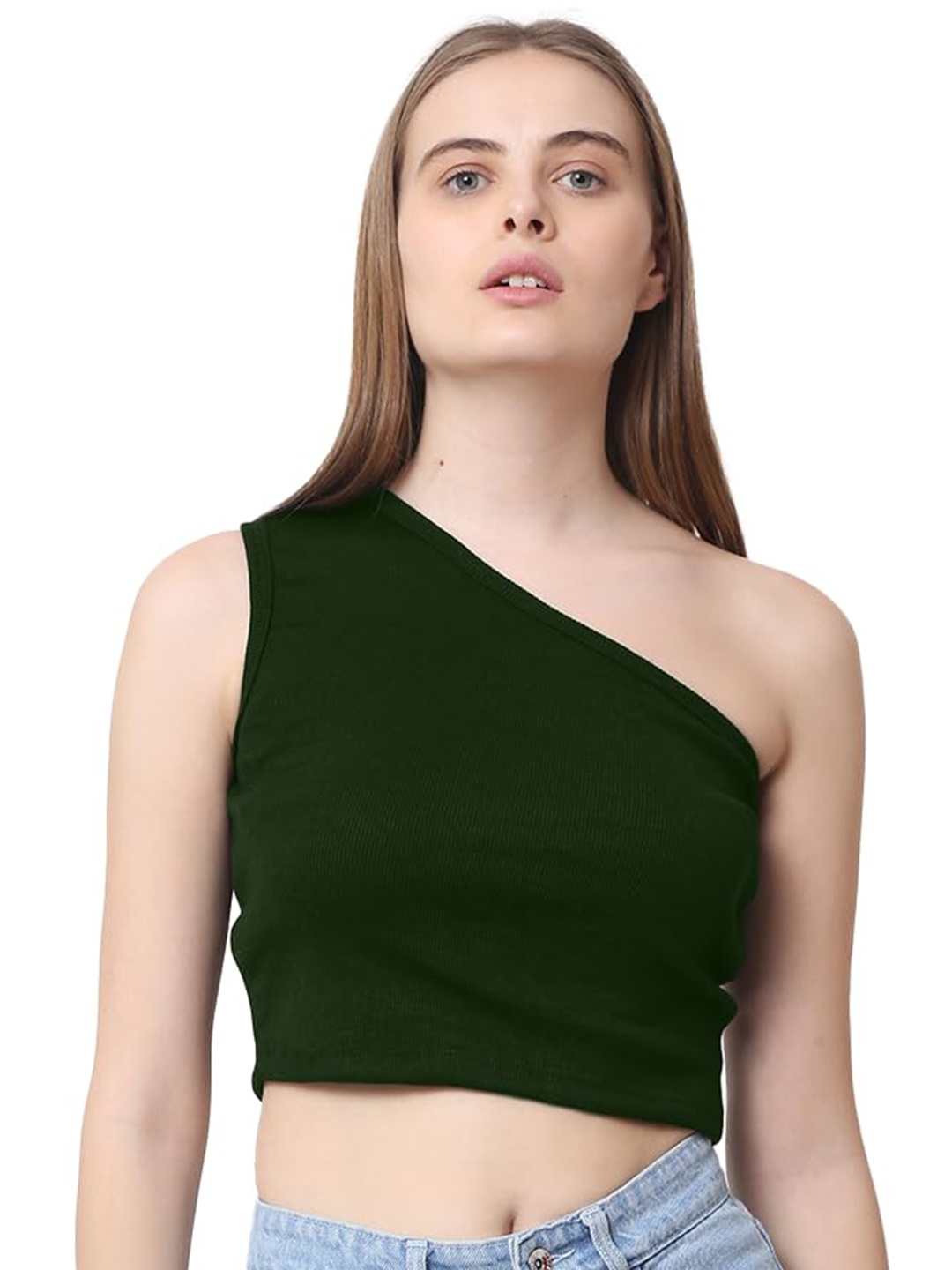 

CareDone Women One Shoulder Sleeveless Casual Crop Top, Olive