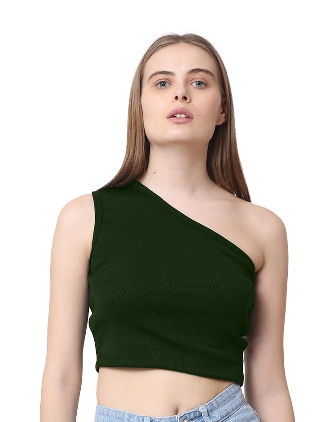 

CareDone Women One Shoulder Sleeveless Casual Crop Top, Olive