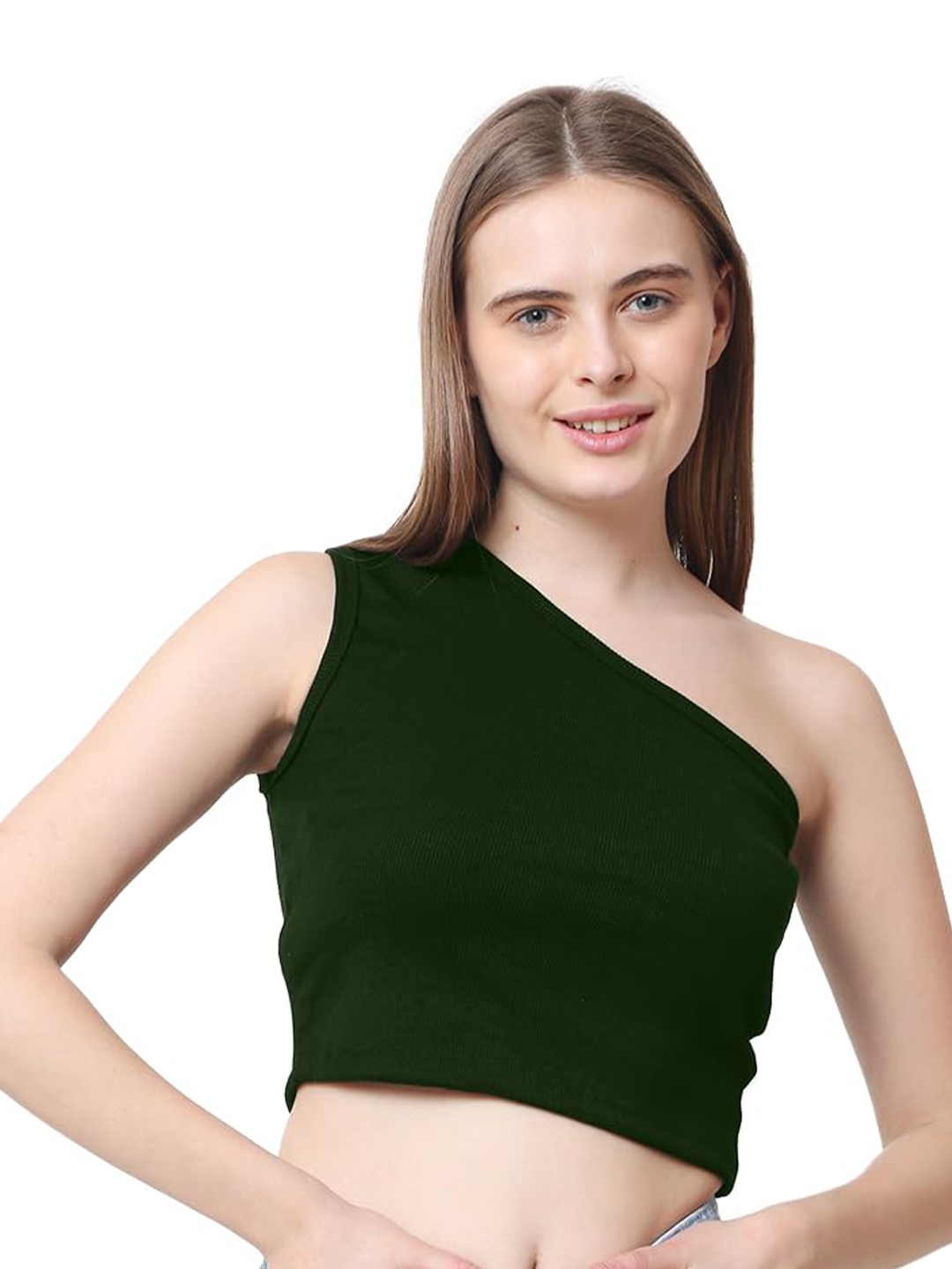 

CareDone Women One Shoulder Sleeveless Casual Crop Top, Olive