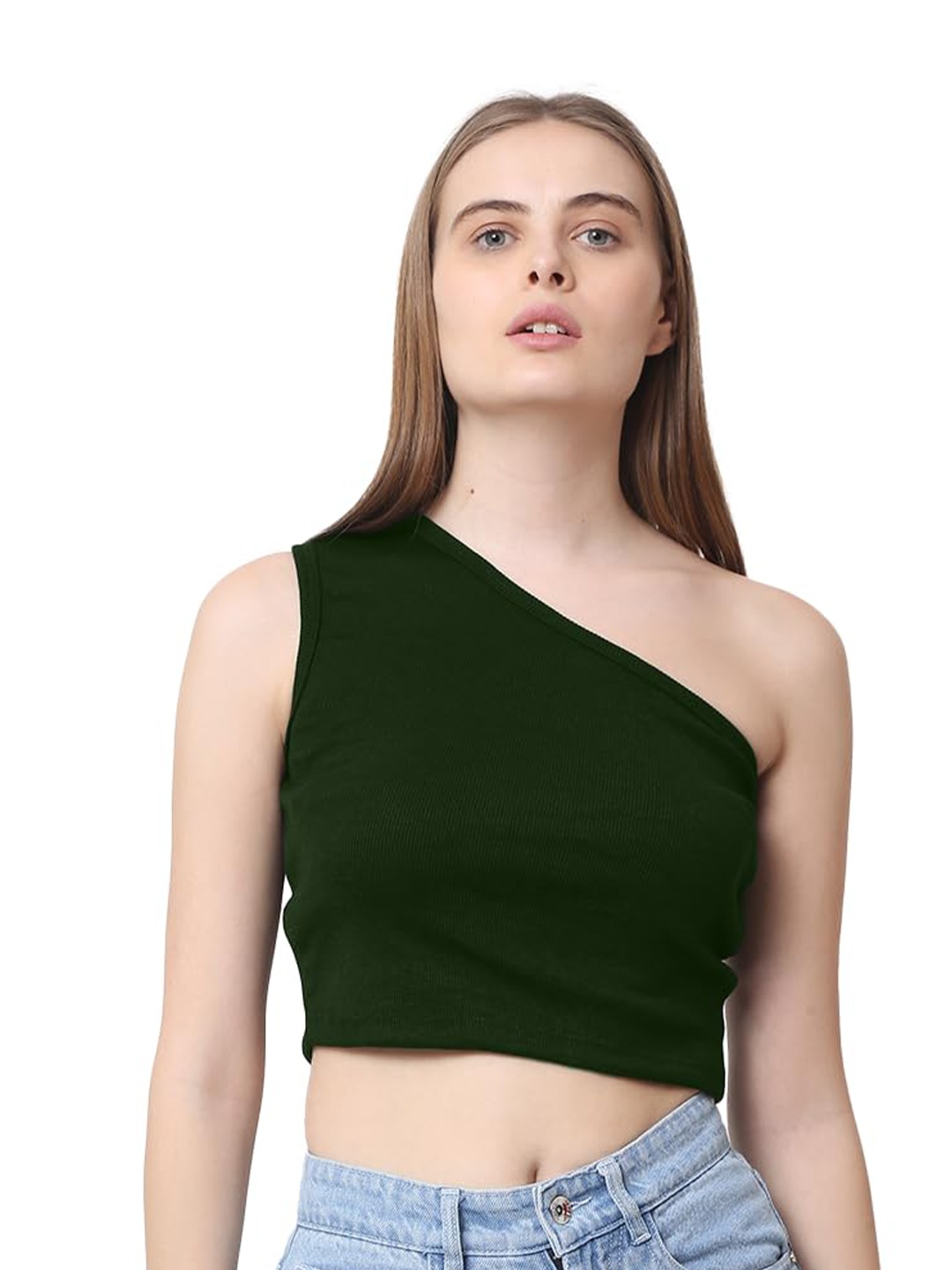 

CareDone Women One Shoulder Sleeveless Casual Crop Top, Olive