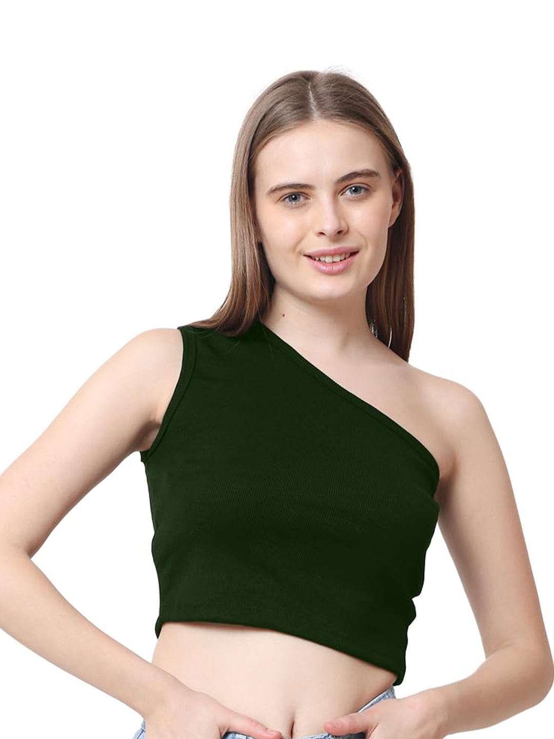 

CareDone Women One Shoulder Sleeveless Casual Crop Top, Olive