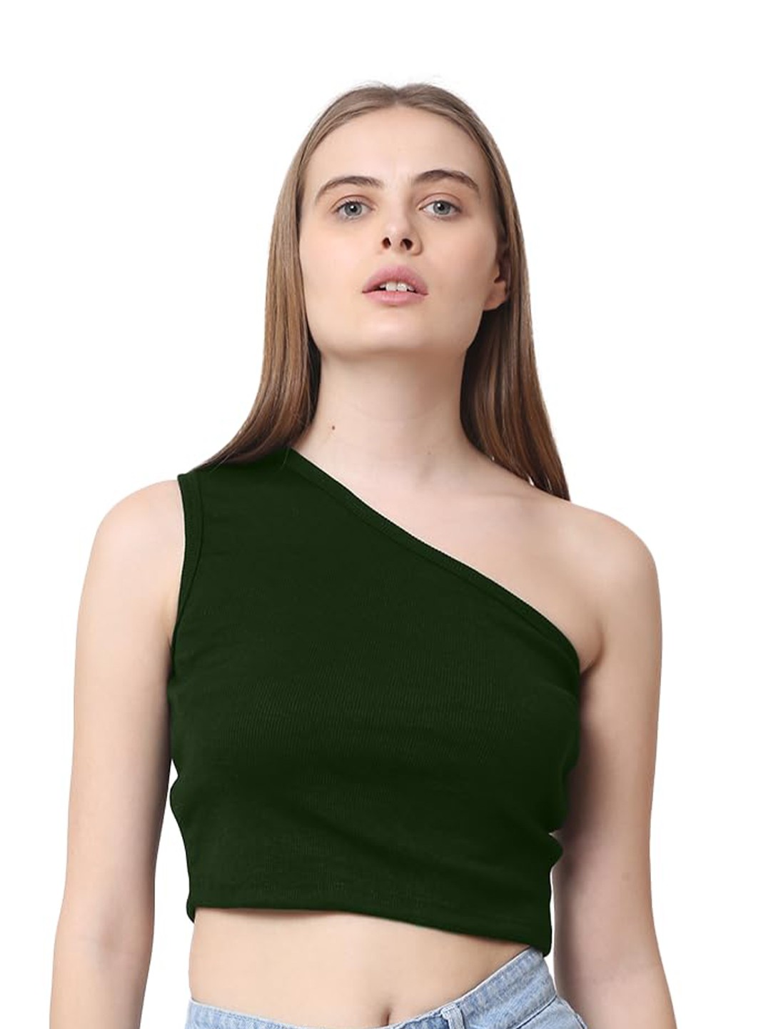 

CareDone One Shoulder Cotton Fitted Crop Top, Olive