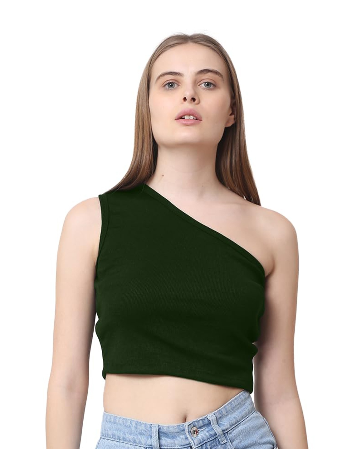 

CareDone Women One Shoulder Sleeveless Casual Crop Top, Olive