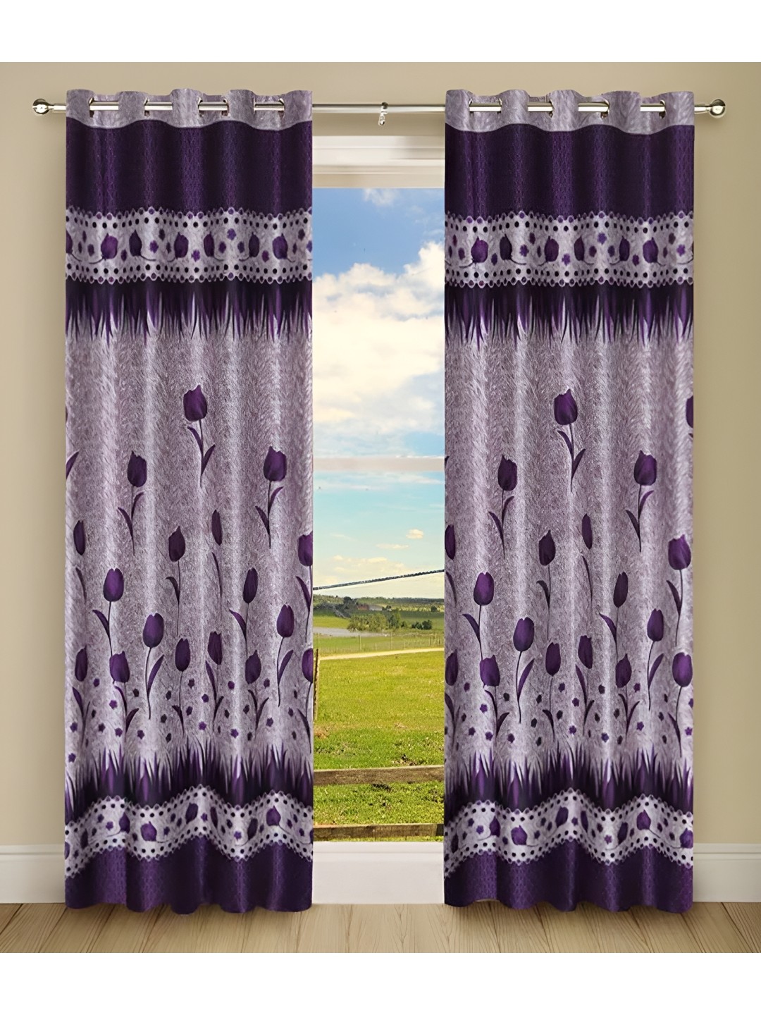 

Panipat Textile Hub Purple & White 2 Pcs Floral Room Darkening Door Curtain