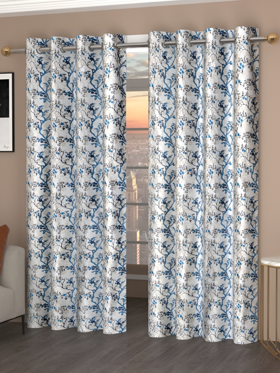 

Panipat Textile Hub Blue & White 2 Pieces Floral Printed Room Darkening Long Door Curtains