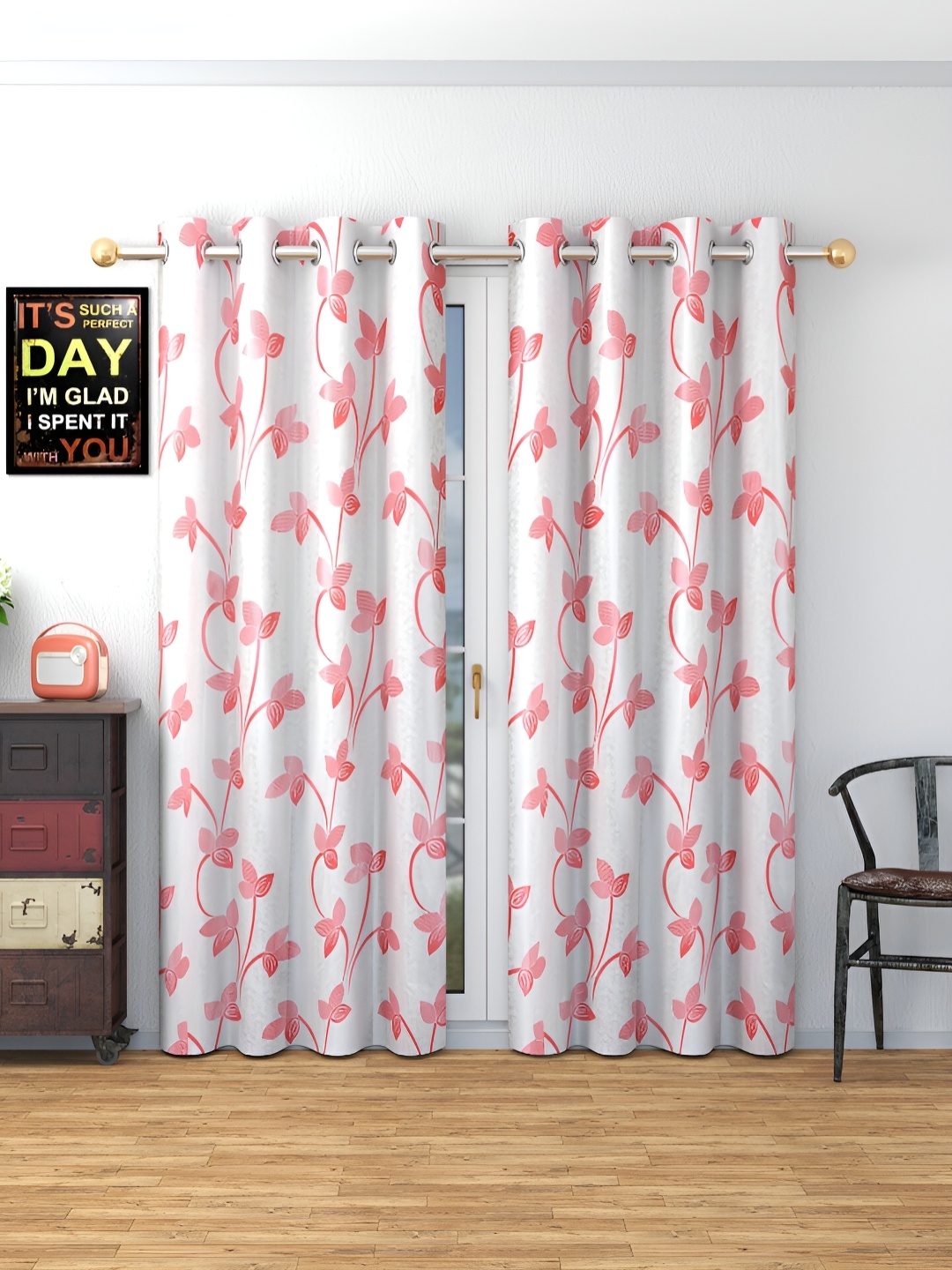 

Panipat Textile Hub Pink & White 2 Pieces Floral Room Darkening Long Door Curtains
