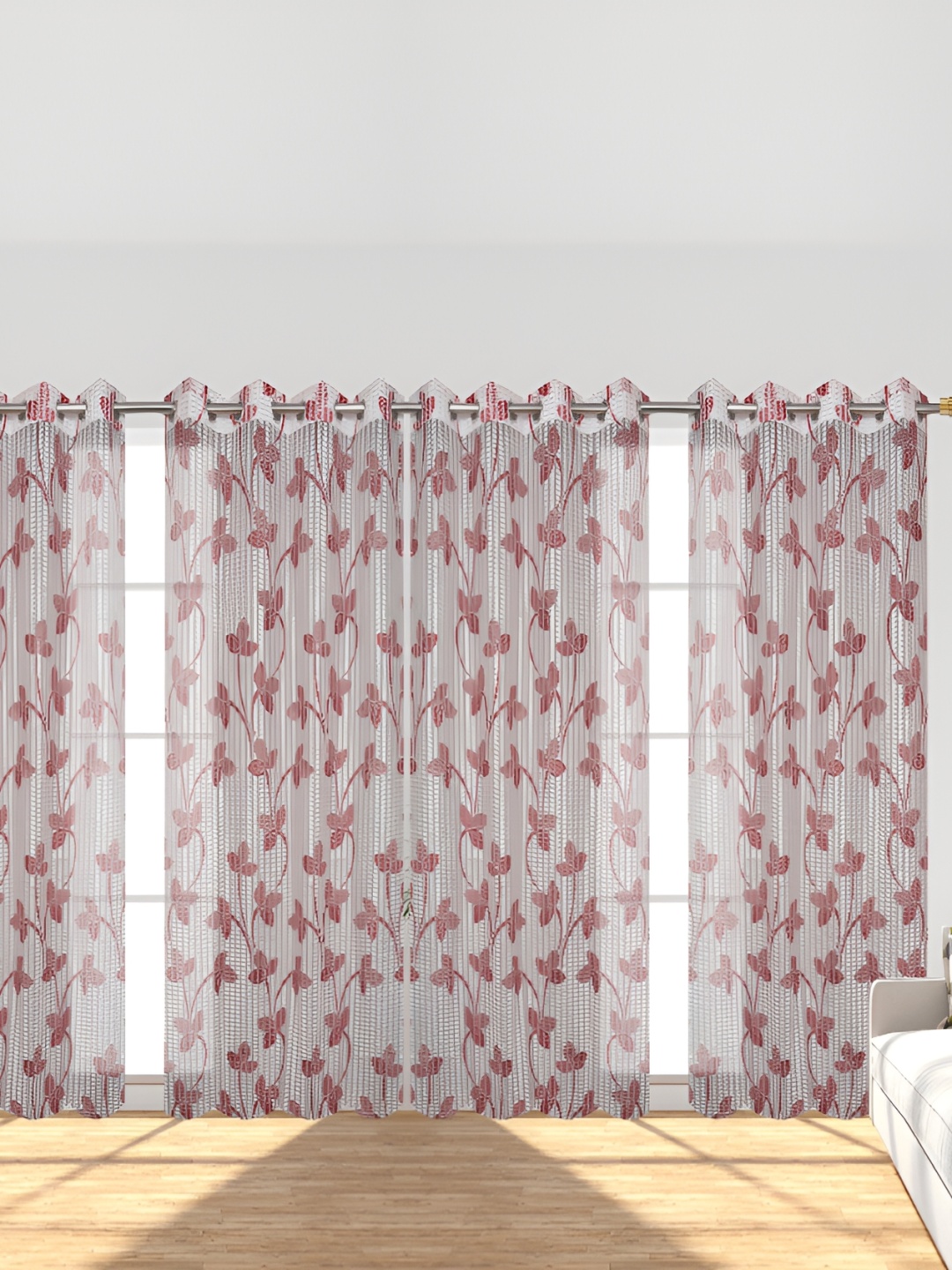 

Panipat Textile Hub Maroon & Off White 4 Pcs Floral Tissue Semi-Sheer Long Door Curtain