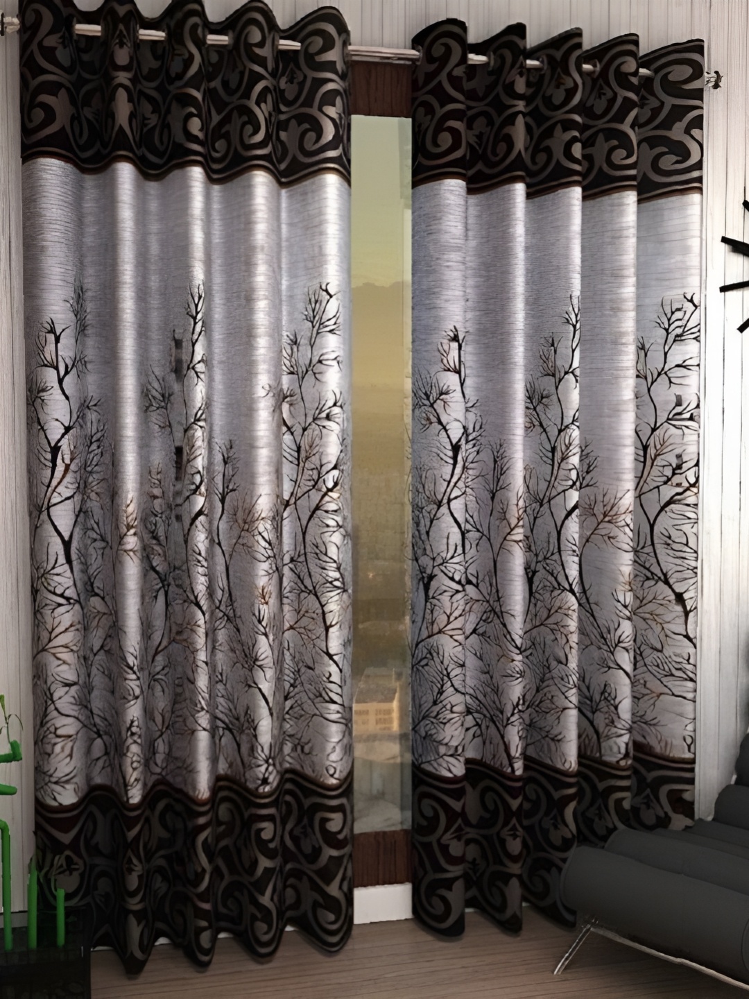 

Panipat Textile Hub Brown & Grey 2 Pieces Floral Eyelet Door Curtains