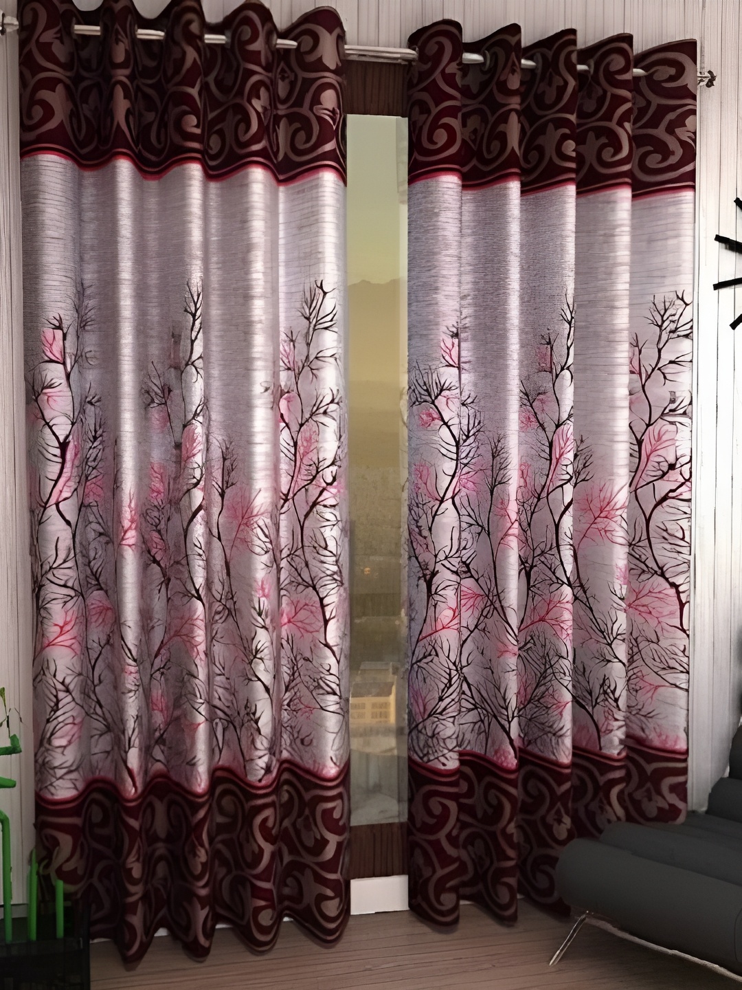 

Panipat Textile Hub White & Brown 2 Pcs Floral Long Door Curtains