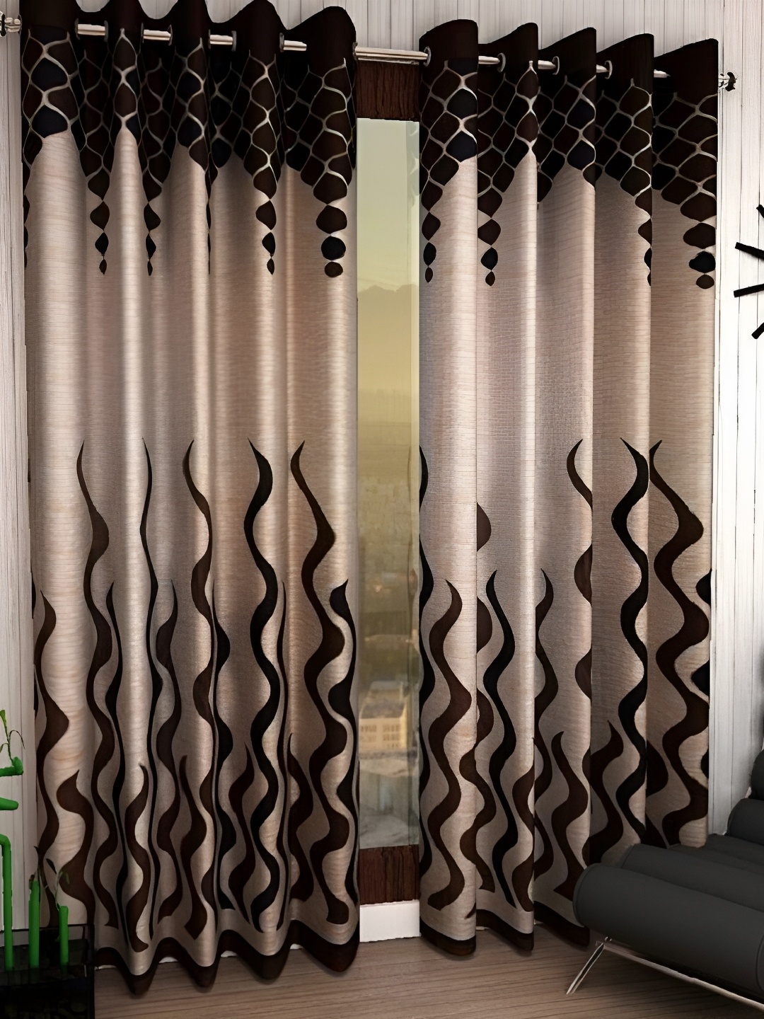 

Panipat Textile Hub Brown & Beige 2 Pieces Floral Eyelet Long Door Curtains