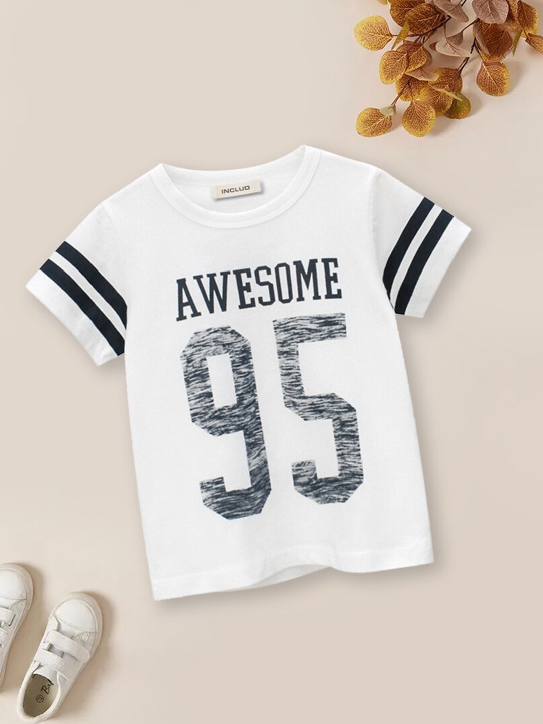 

INCLUD Boys Typography Printed Round Neck Cotton T-shirt, White