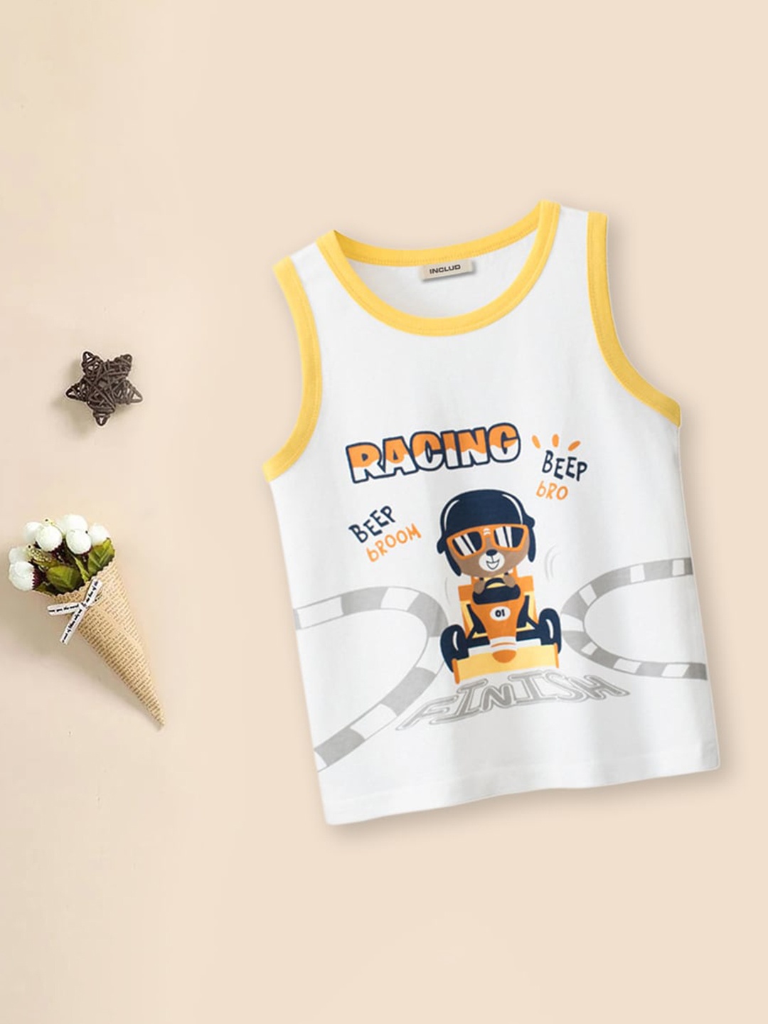 

INCLUD Boys Graphic Printed Sleeveless Cotton T-shirt, White