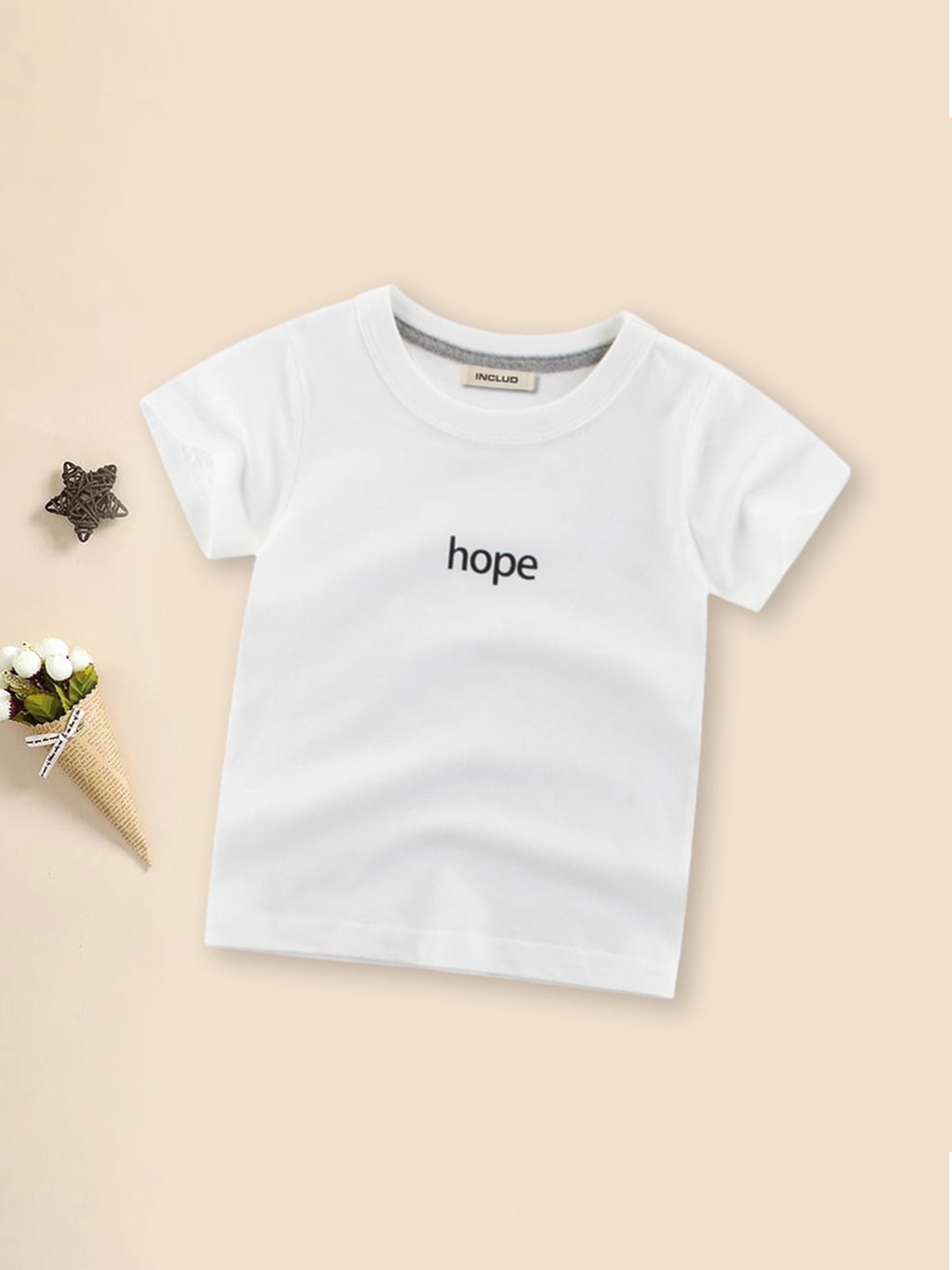 INCLUD Boys Typography Printed Round Neck Cotton T-shirt, White