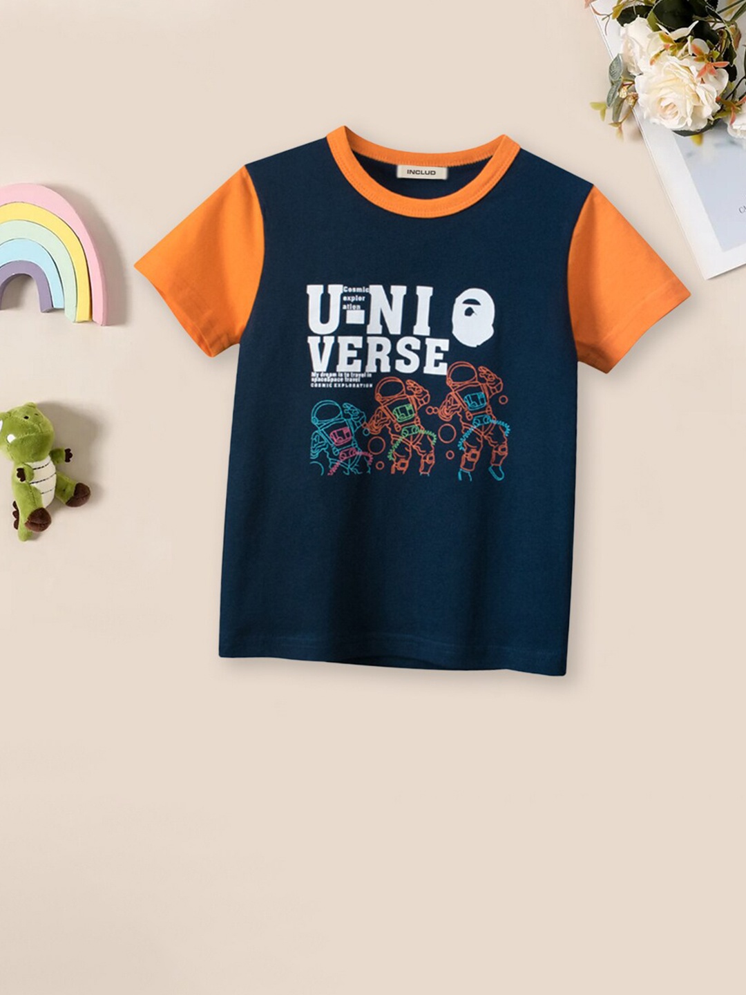 

INCLUD Boys Astronaut Printed Round Neck Cotton T-shirt, Navy blue