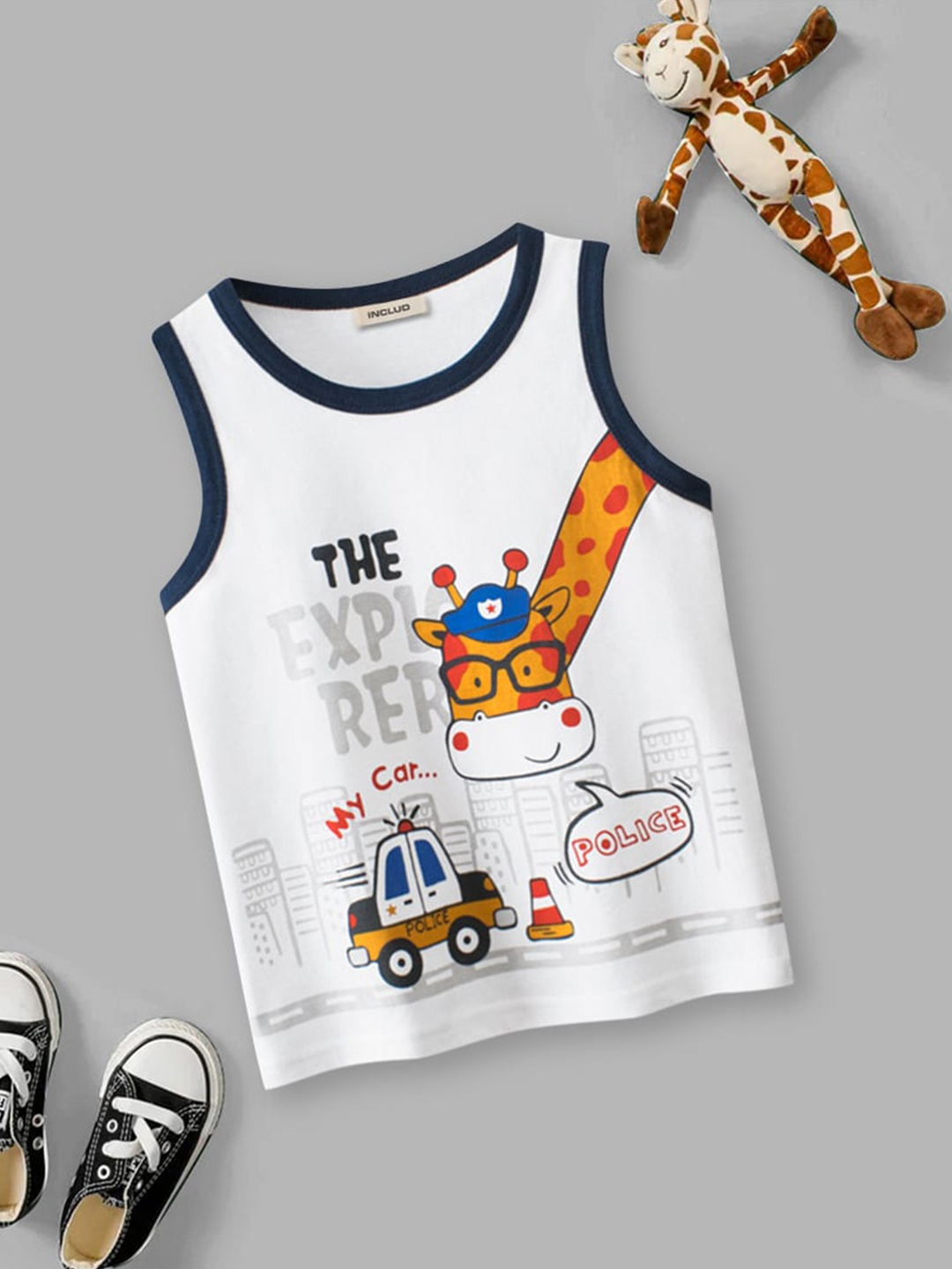 

INCLUD Boys Graphic Printed Sleeveless Cotton T-shirt, White