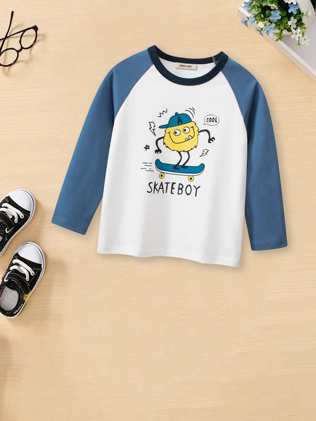 

INCLUD Boys Graphic Printed Raglan Sleeves Cotton T-shirt, White