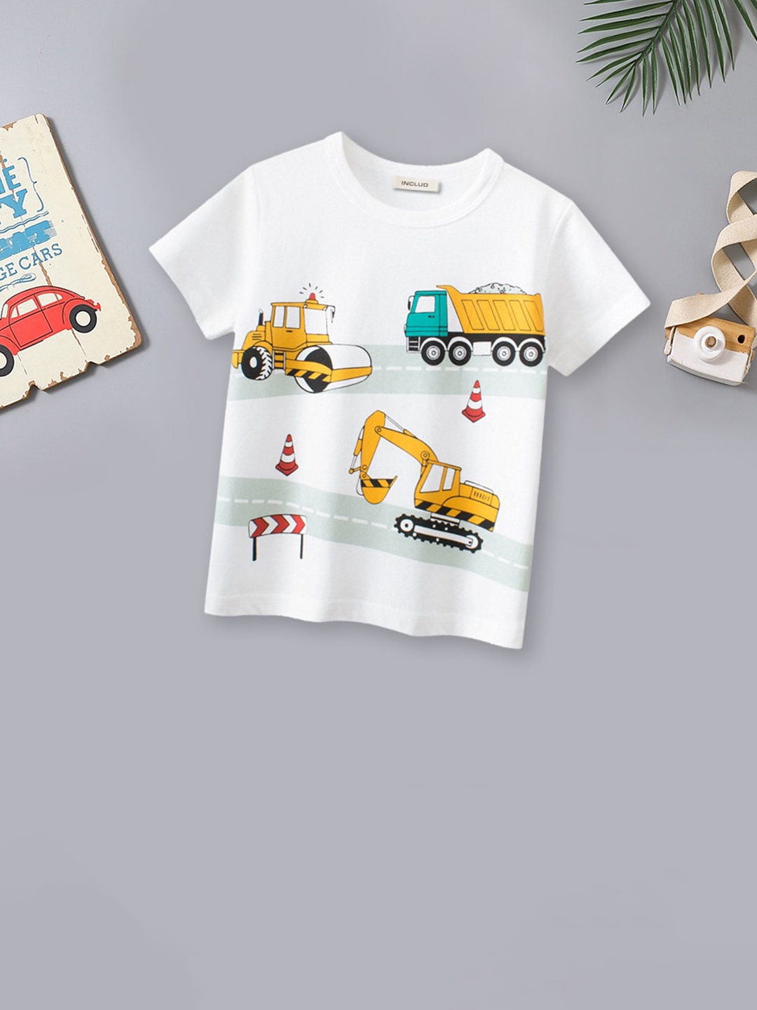 

INCLUD Boys Truck Printed Round Neck Cotton T-shirt, White