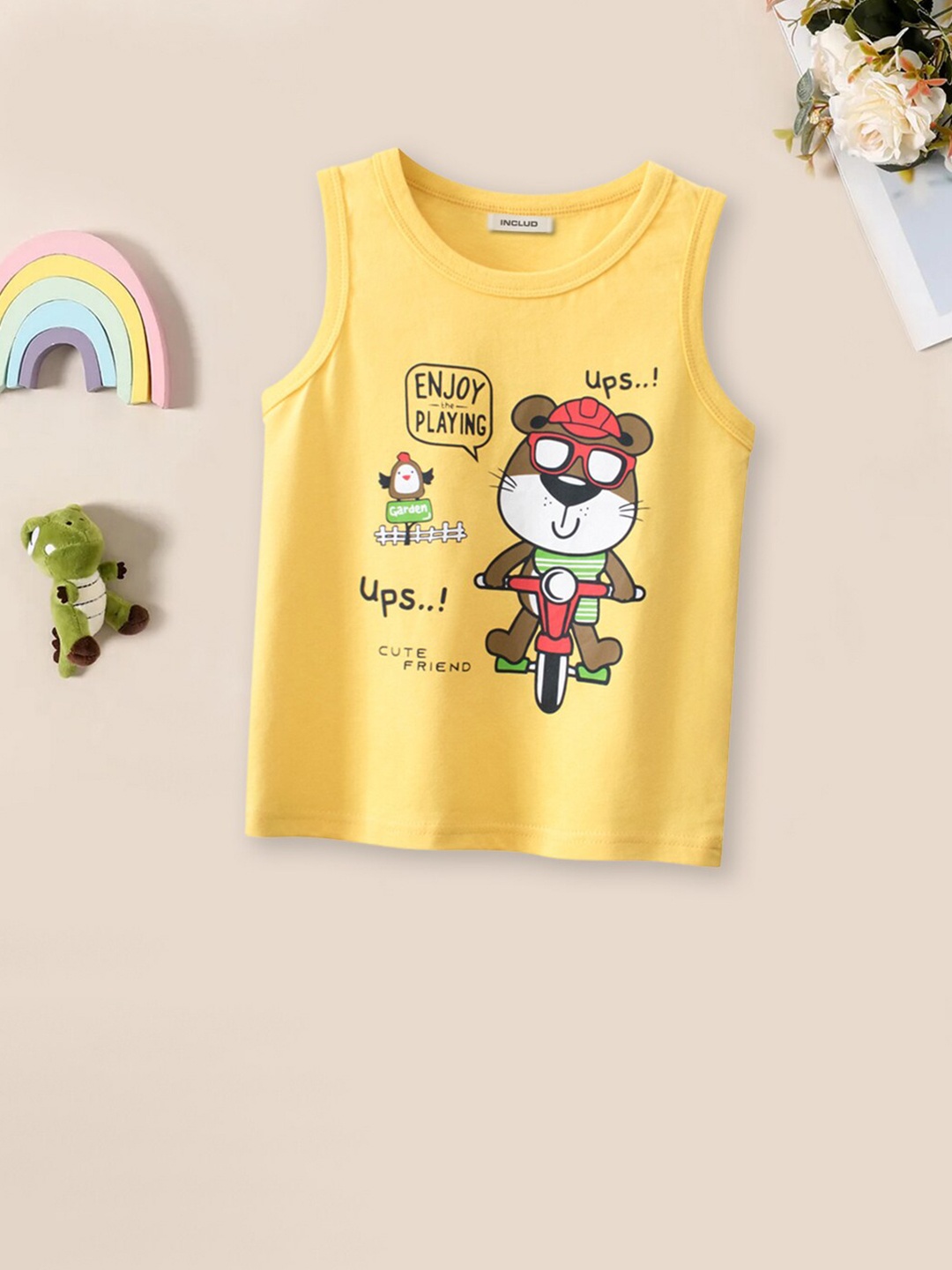 

INCLUD Boys Graphic Printed Sleeveless Cotton T-shirt, Yellow