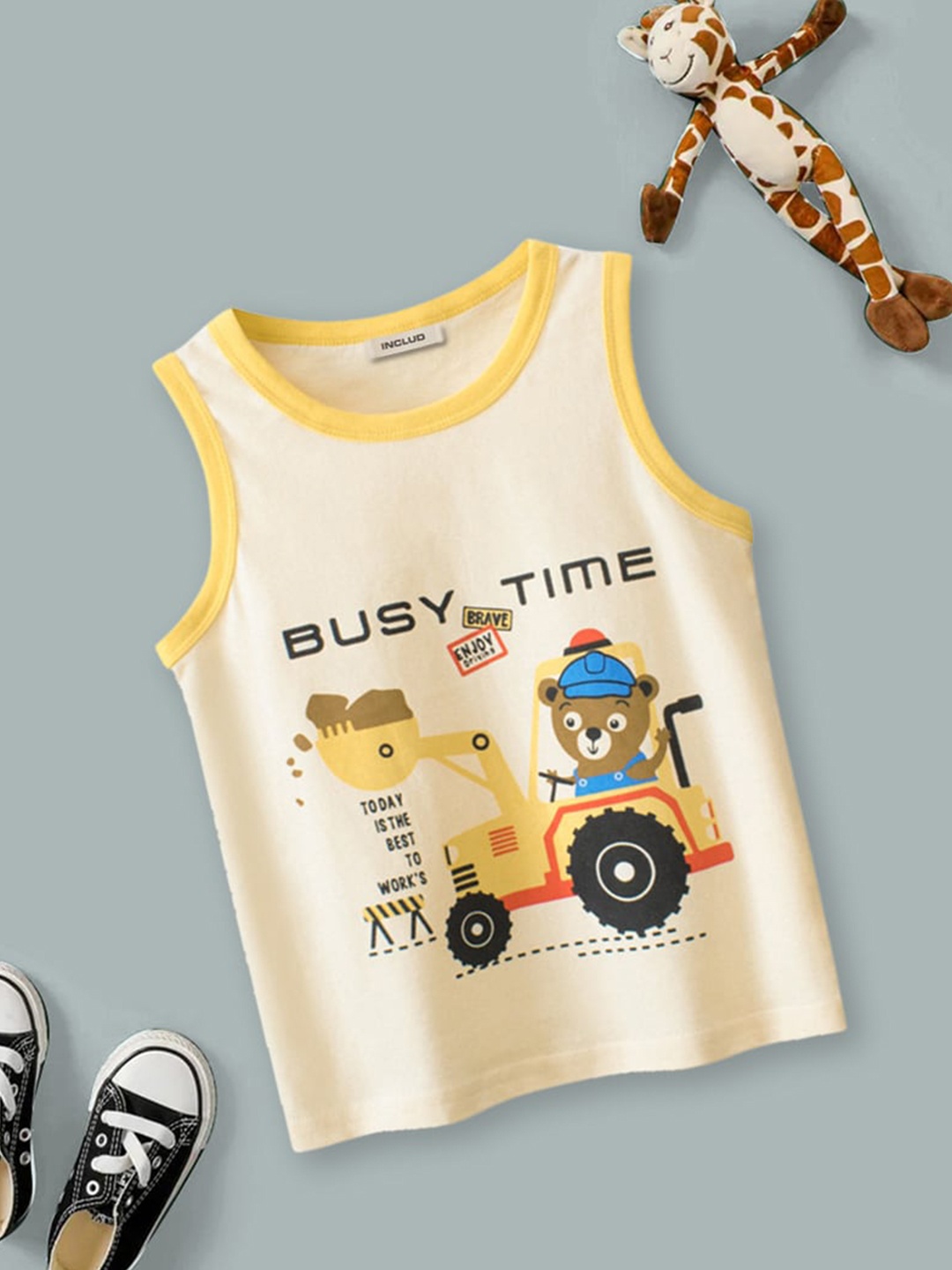 

INCLUD Boys Graphic Printed Sleeveless Cotton T-shirt, Off white