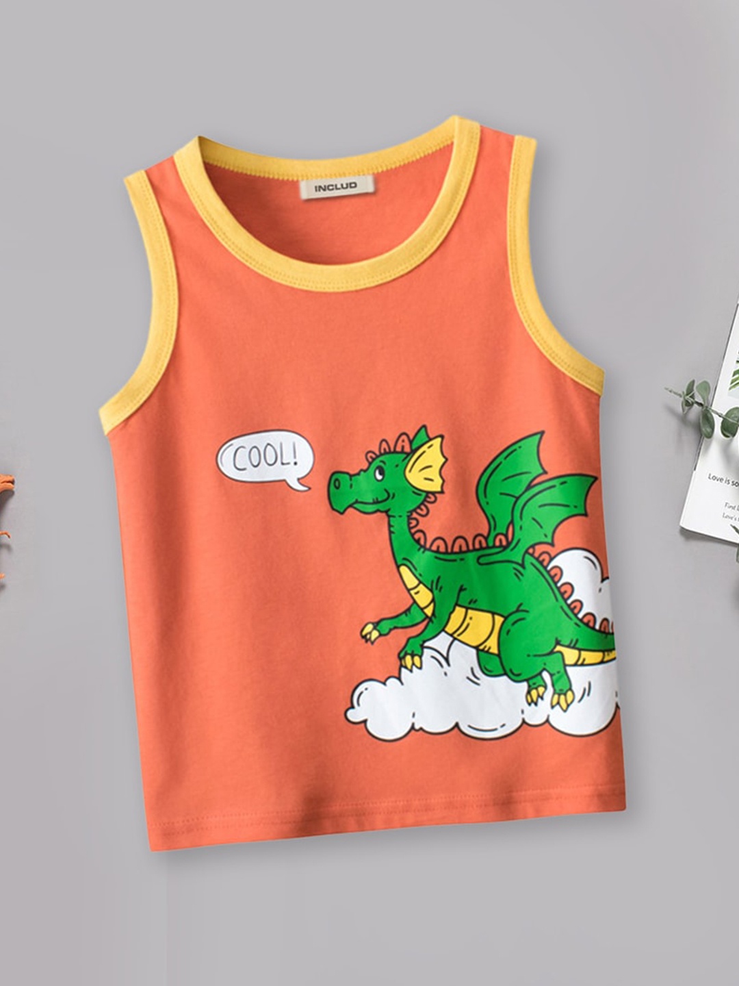 

INCLUD Boys Graphic Printed Sleeveless Cotton T-shirt, Orange
