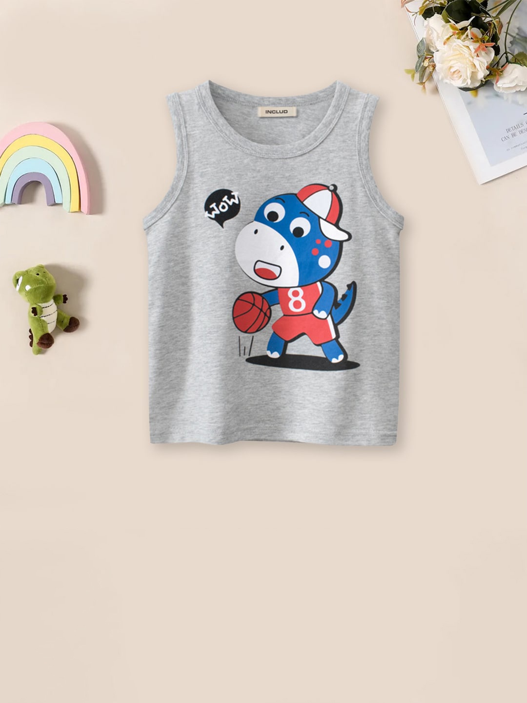 

INCLUD Boys Graphic Printed Sleeveless Cotton T-shirt, Grey