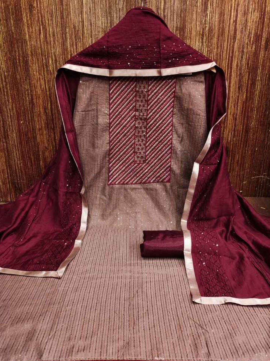 

faxofab Geometric Embroidered Silk Georgette Unstitched Dress Material, Beige