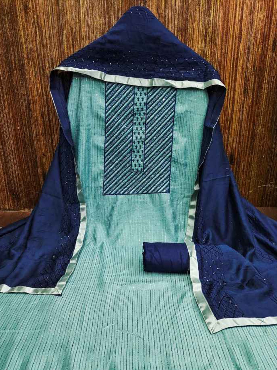 

faxofab Geometric Embroidered Silk Georgette Unstitched Dress Material, Blue