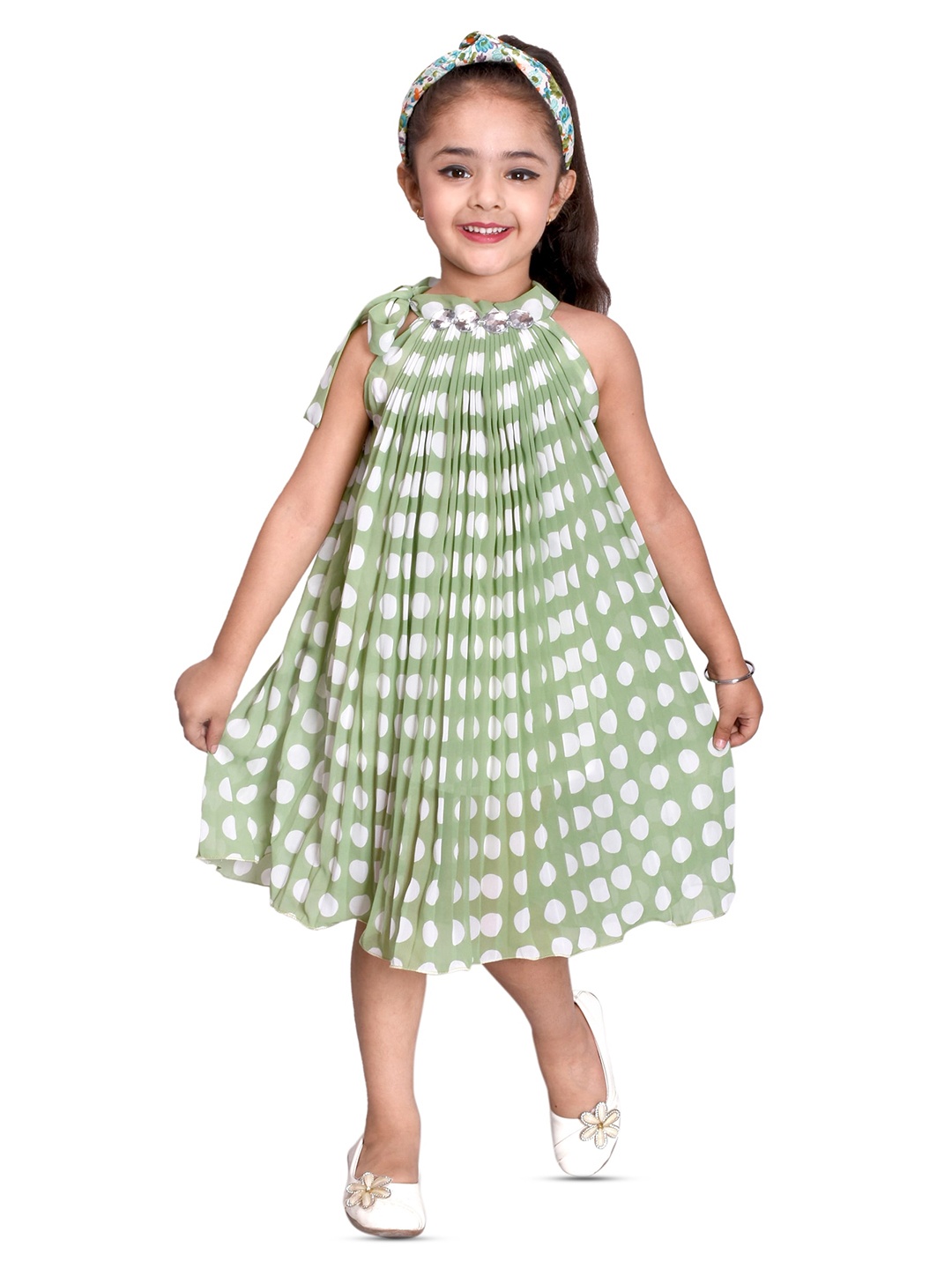 

BAESD Girls Polka Dots Print Round Neck Sleeveless Georgette A-Line Dress, Green