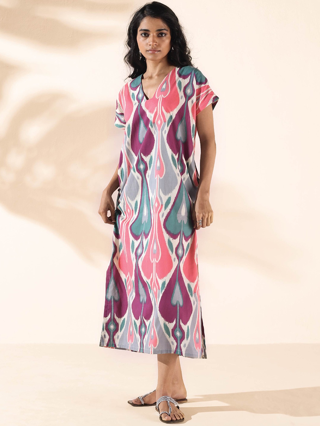 

trueBrowns Ikat Printed Slit Detail Pure Cotton A-Line Ethnic Dress, Grey