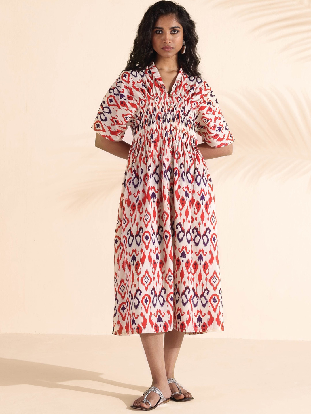 

trueBrowns Ikat Printed Gathered Pure Cotton Fit & Flare Ethnic Dress, Red
