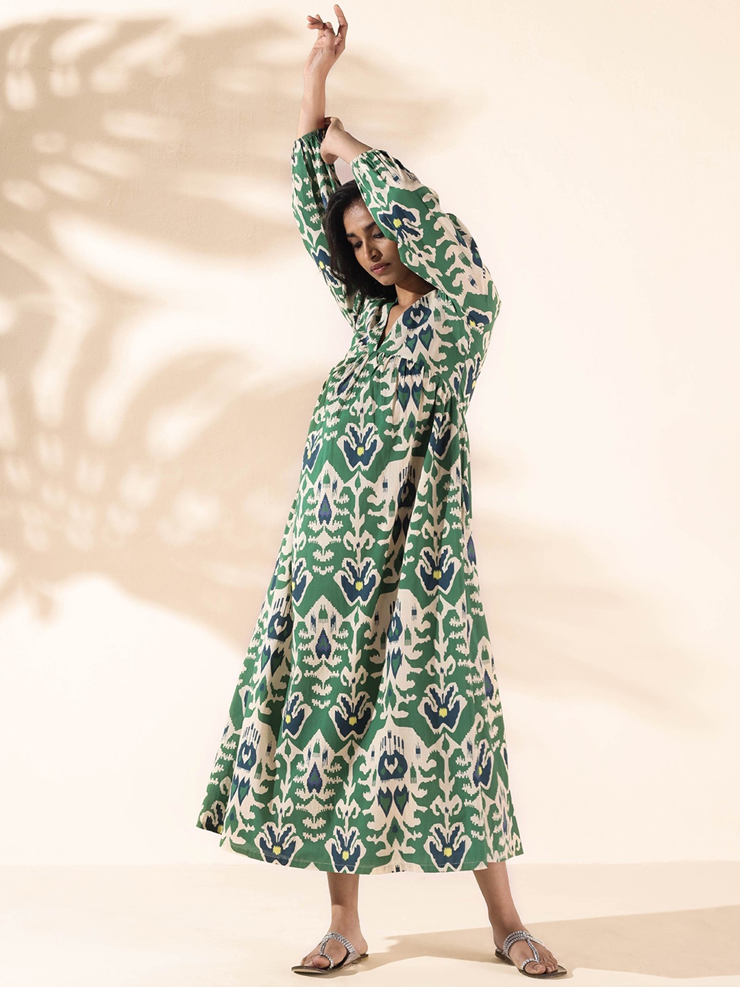 

trueBrowns Ikat Printed Gathered A-Line Pure Cotton Maxi Ethnic Dress, Green