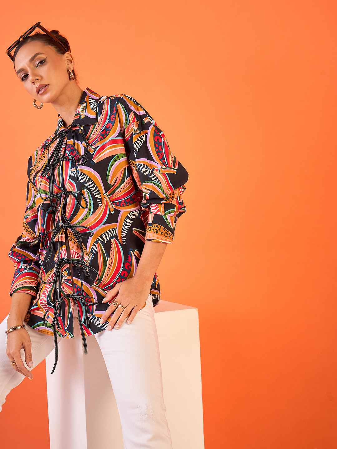 

Uptownie Printed Tie-Up Full Sleeve Cotton Shirt, Black