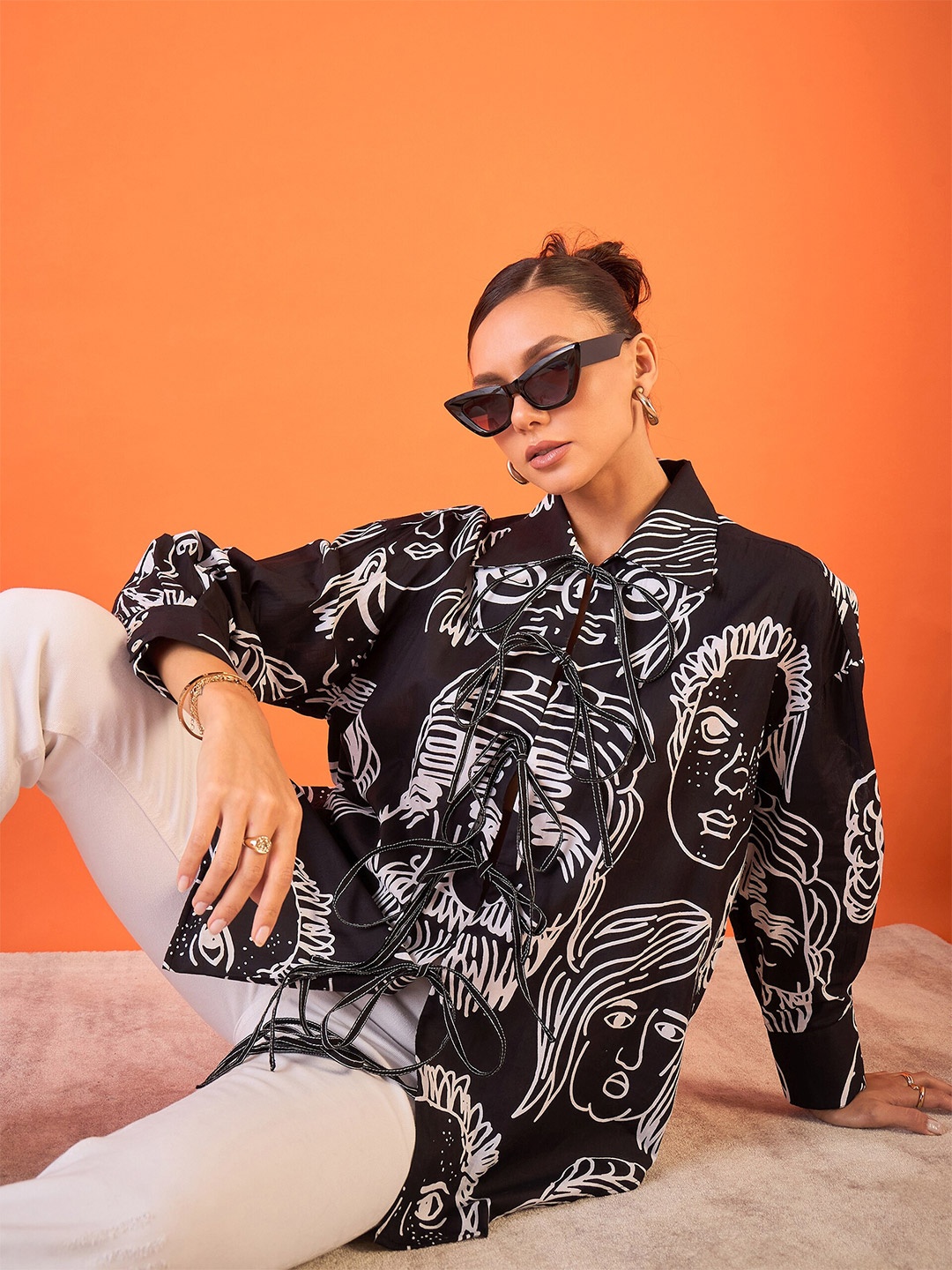 

Uptownie Printed Tie-Up Full Sleeve Cotton Shirt, Black