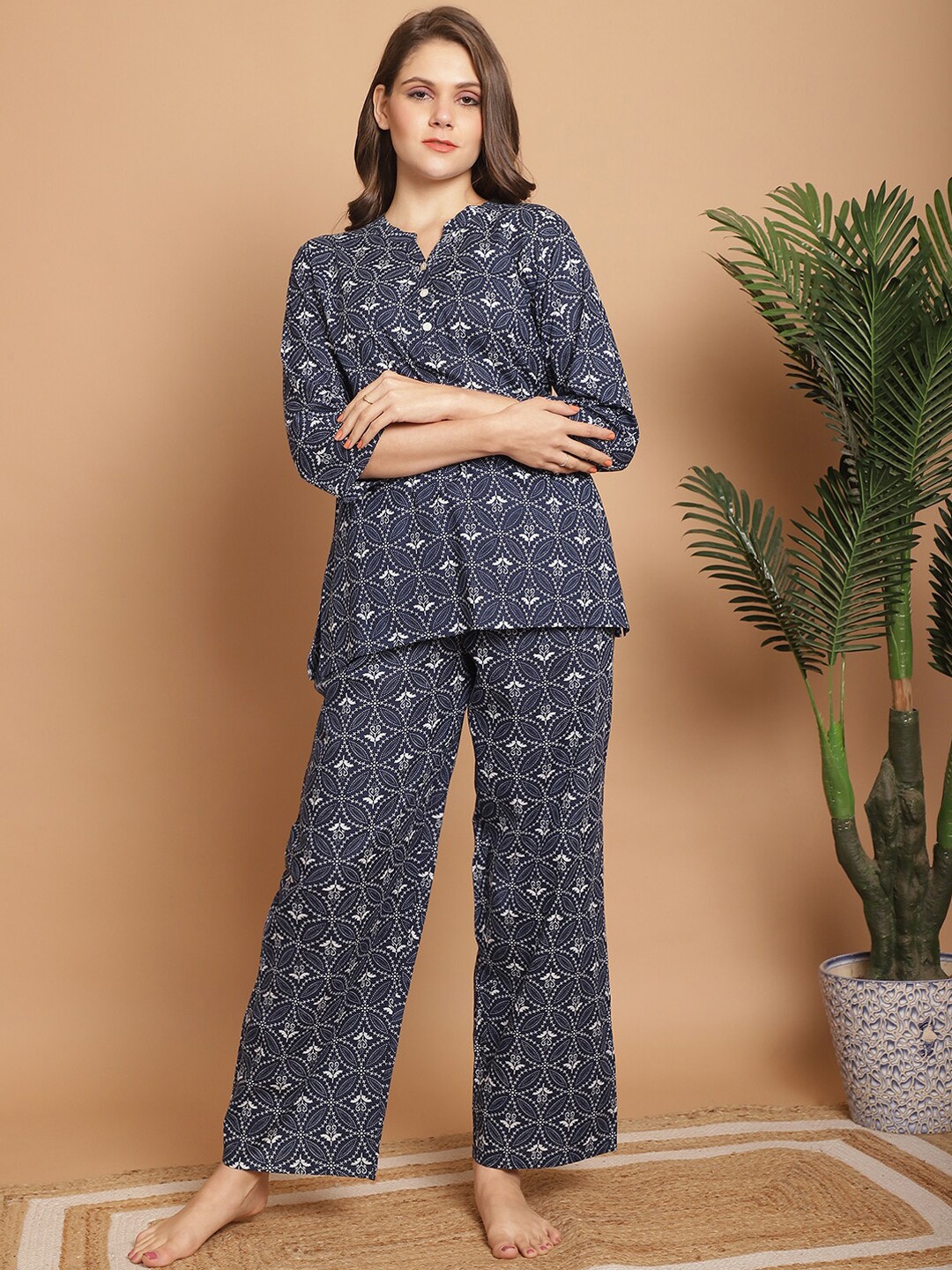 

Indreams Ethnic Printed Pure Cotton Night Suit, Navy blue