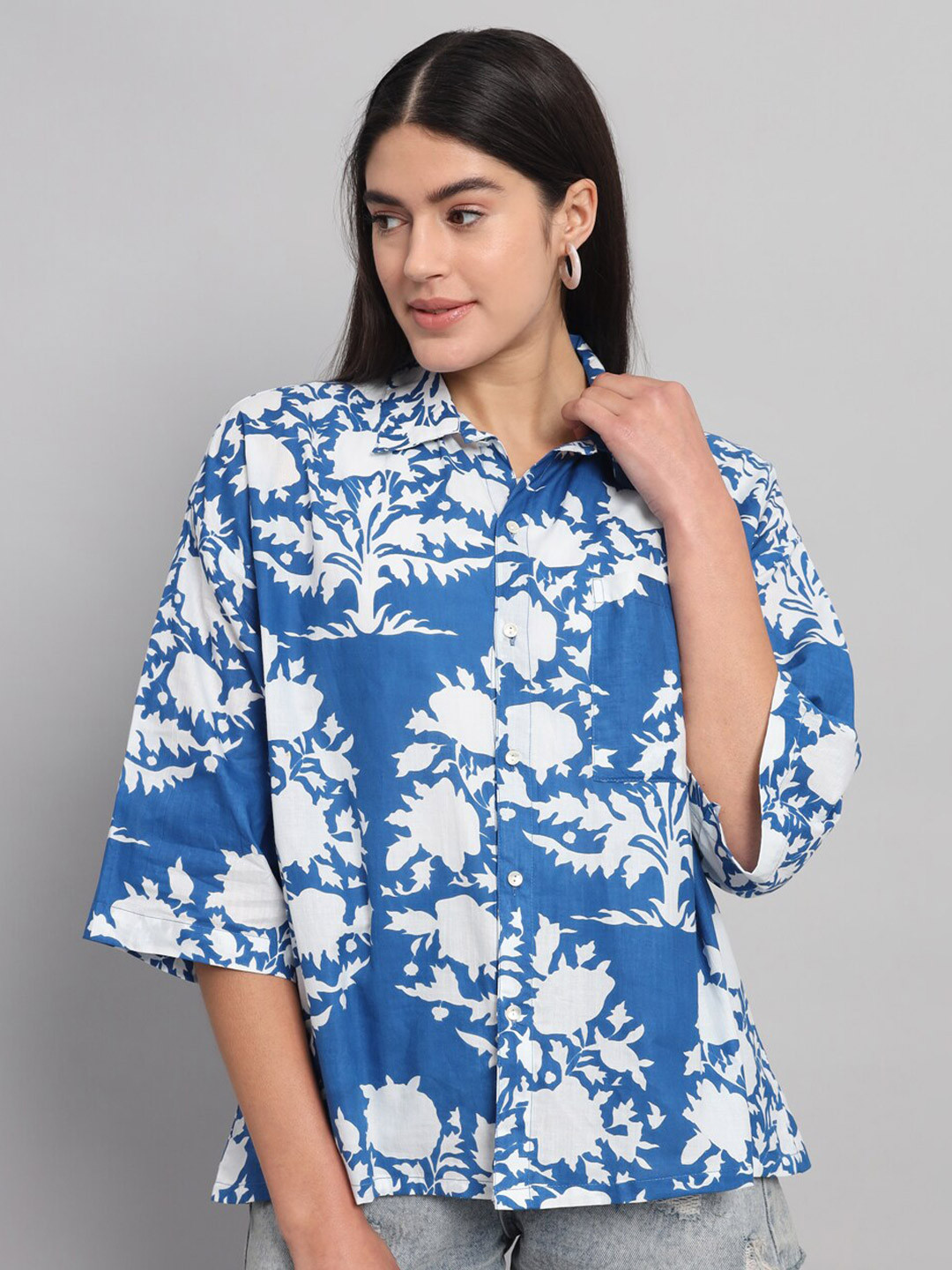

HANDICRAFT PALACE Comfort Floral Opaque Printed Cotton Casual Shirt, Blue