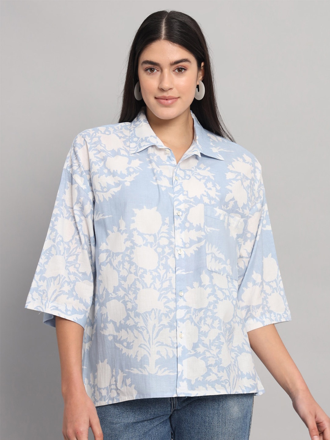 

HANDICRAFT PALACE Comfort Floral Opaque Printed Cotton Oversized Casual Shirt, Blue