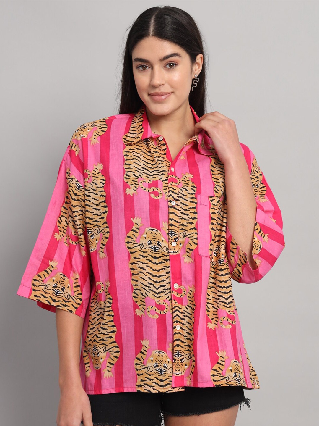 

HANDICRAFT PALACE Comfort Opaque Printed Cotton Oversized Casual Shirt, Pink