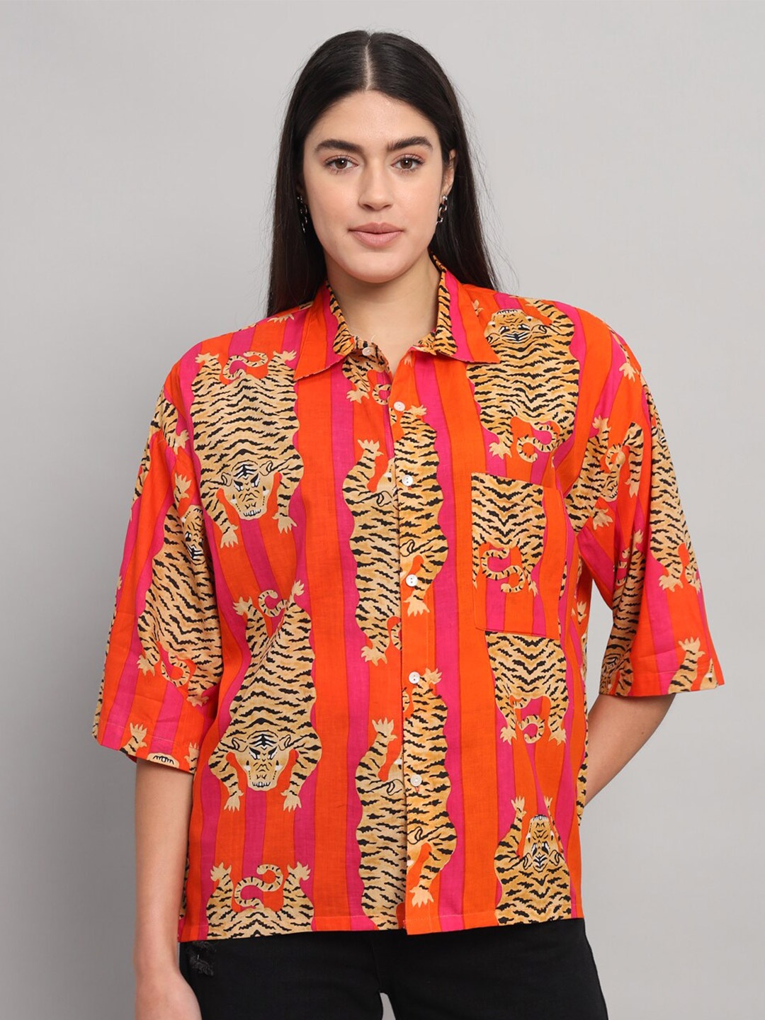 

HANDICRAFT PALACE Ethnic Motifs Printed Comfort Cotton Spread Collar Straight Casual Shirt, Orange