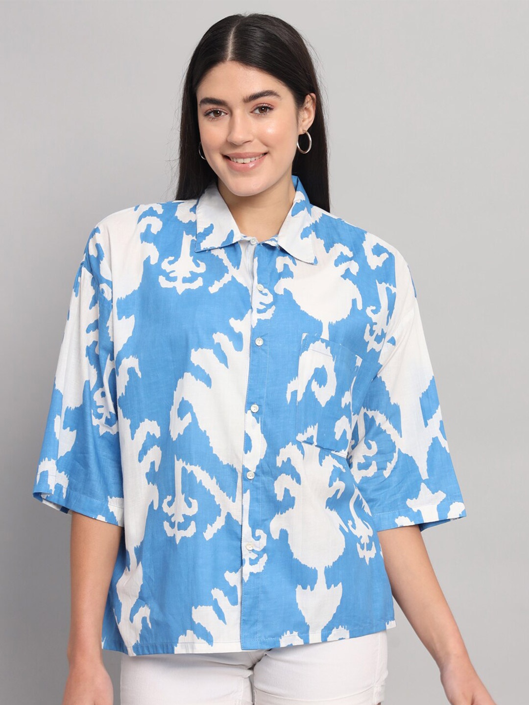 

HANDICRAFT PALACE Comfort Floral Opaque Printed Cotton Oversized Casual Shirt, Blue