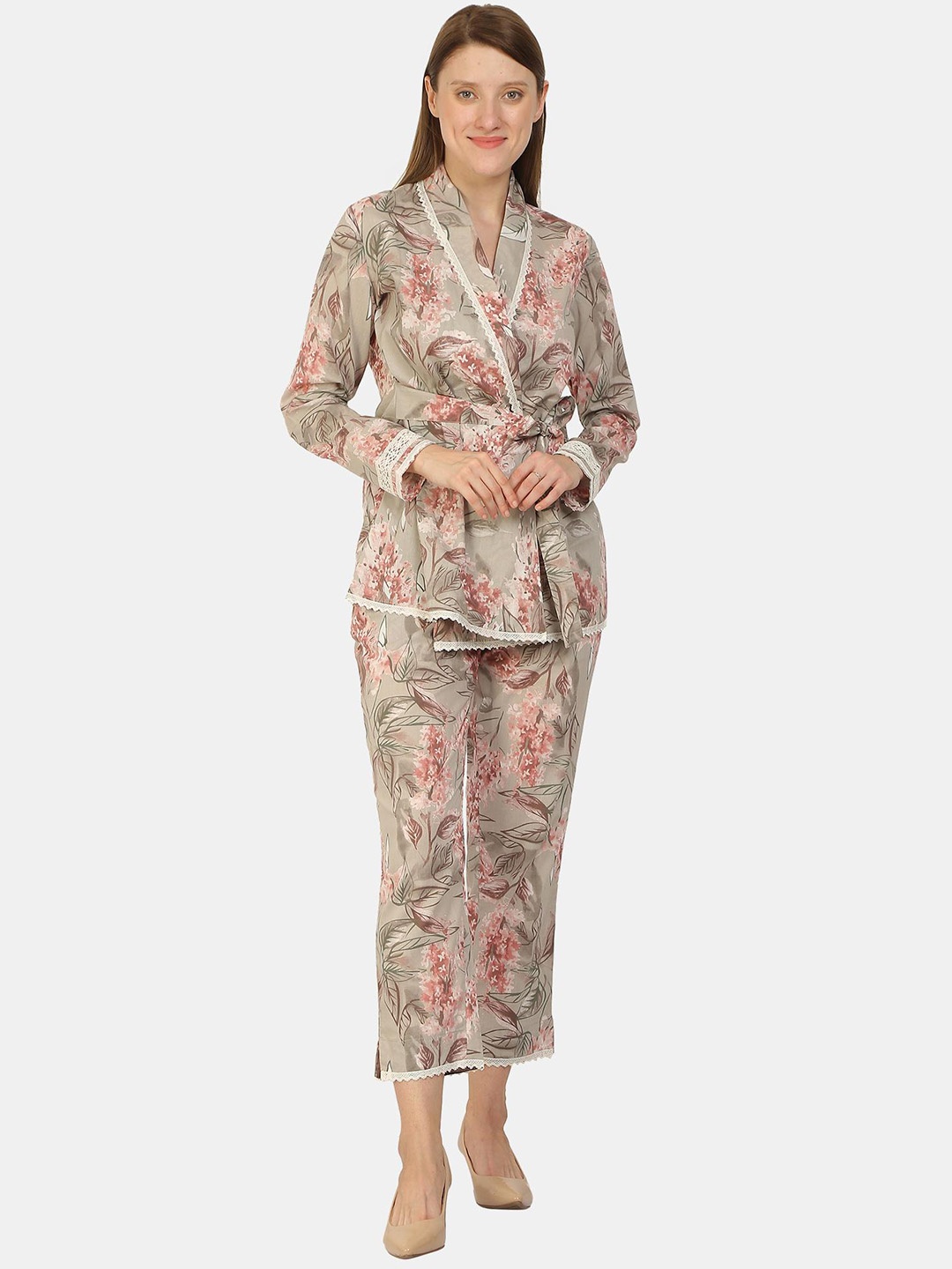 

KALINI Floral Printed Shawl-Collar Top With Trouser, Pink