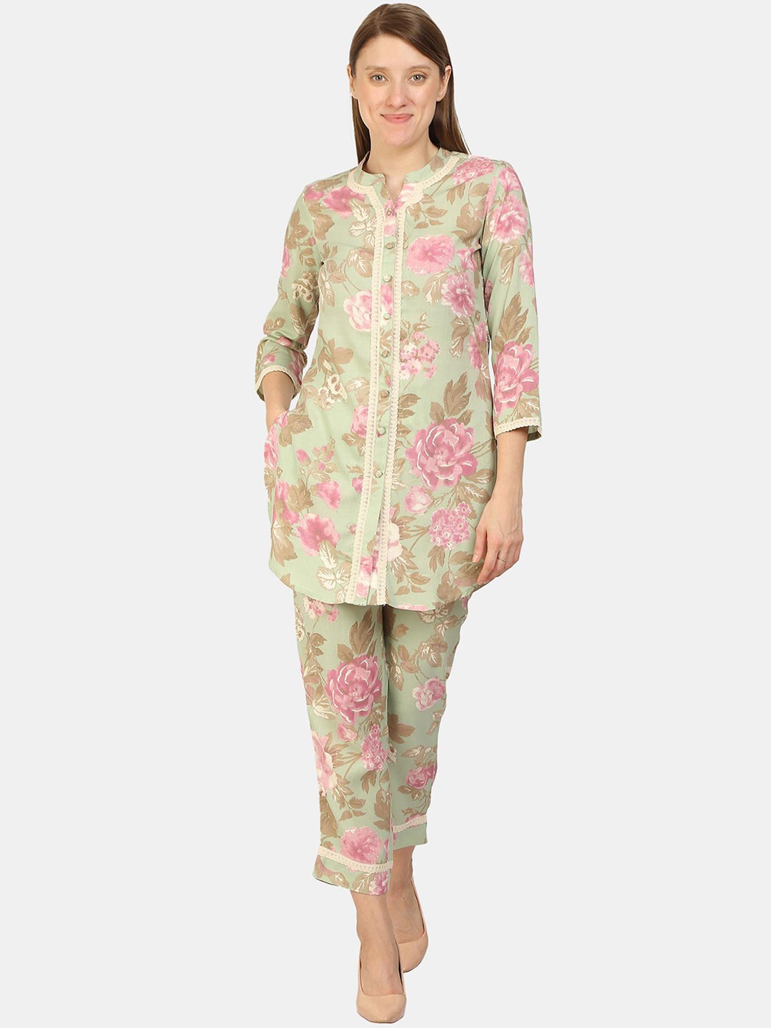 

KALINI Floral Printed Mandarin Collar Tunic & Trousers, Rose