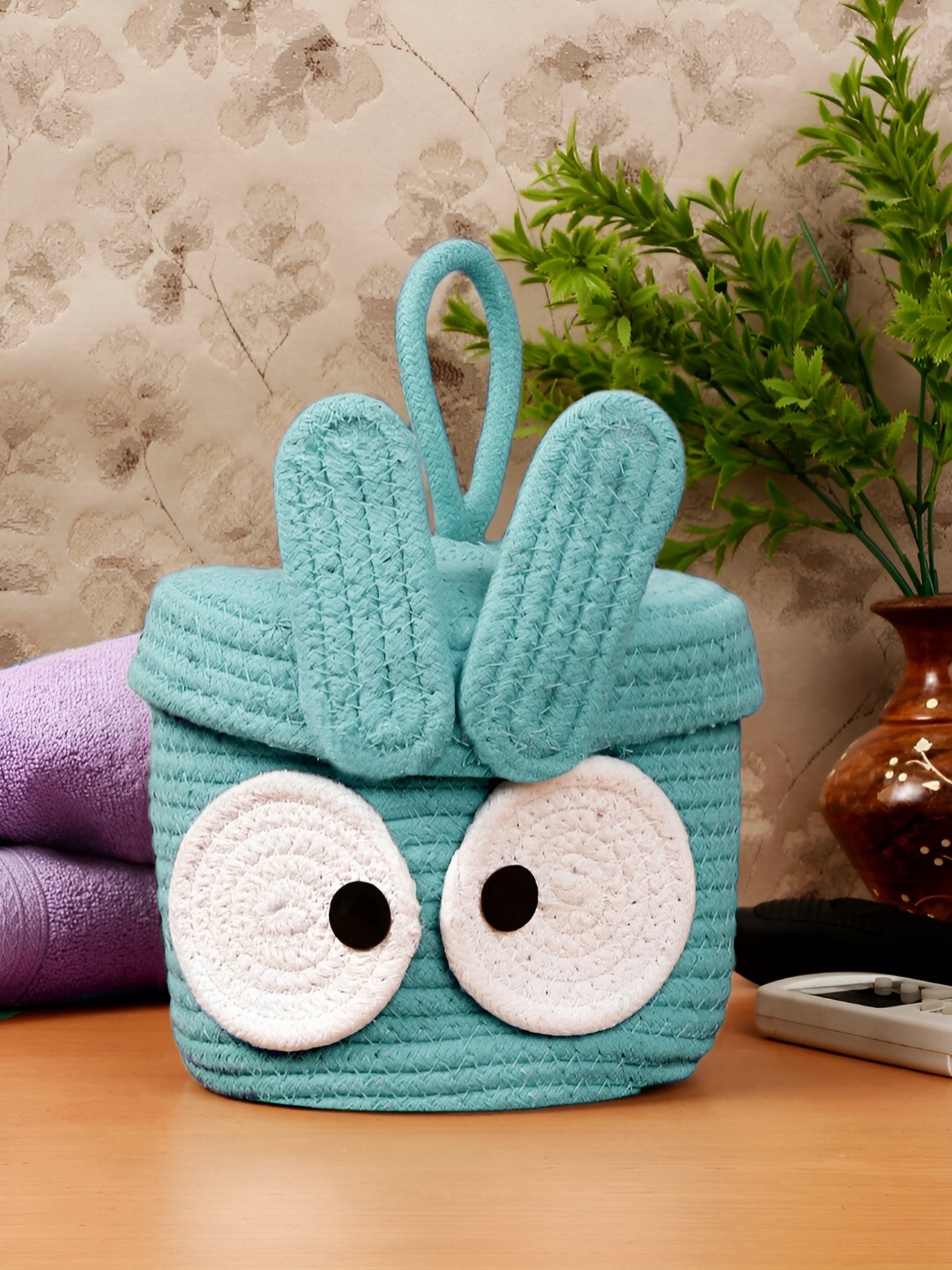

FABINALIV Teal & White Cartoon Design Cotton Multi Purpose Organiser with Lid